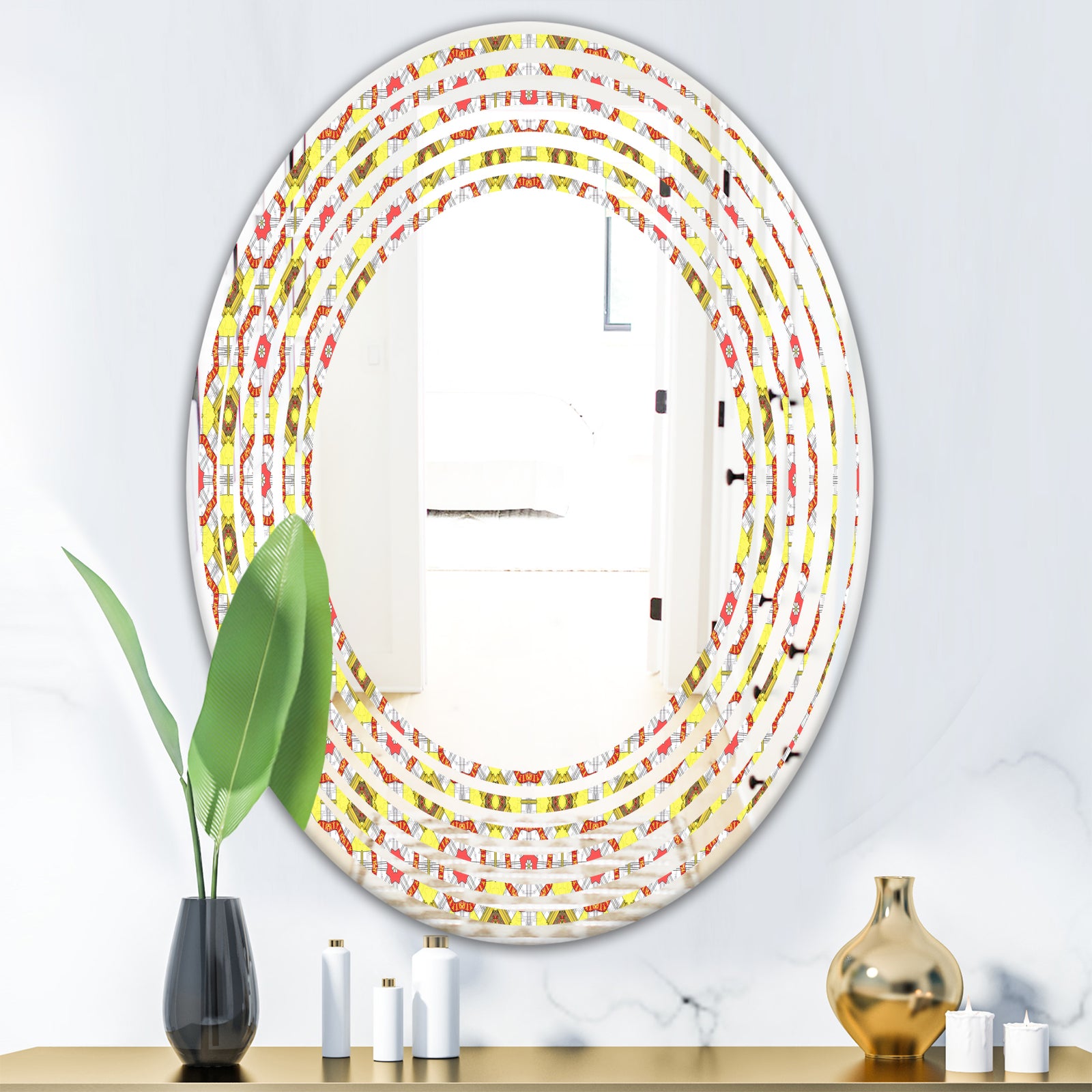 Retro Ethnic Abstract Kaleidoscope Design - Modern Round or Oval Wall Mirror - Wave