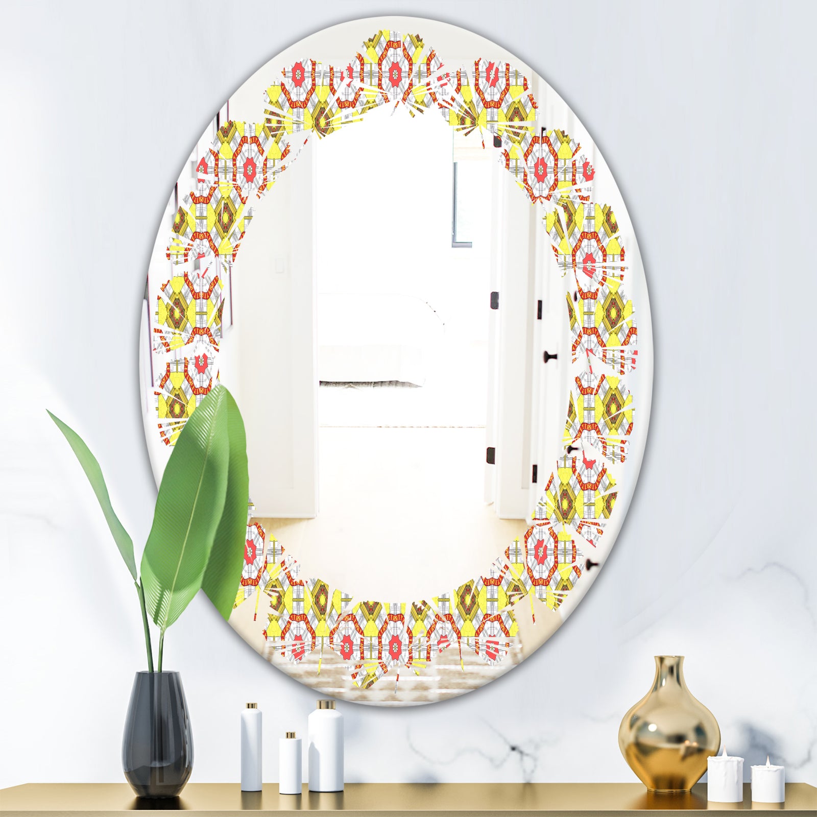 Retro Ethnic Abstract Kaleidoscope Design - Modern Round or Oval Wall Mirror - Leaves