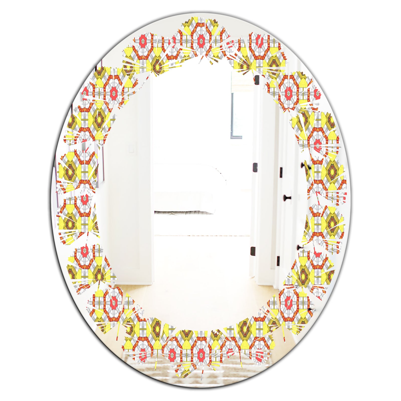Retro Ethnic Abstract Kaleidoscope Design - Modern Round or Oval Wall Mirror - Leaves
