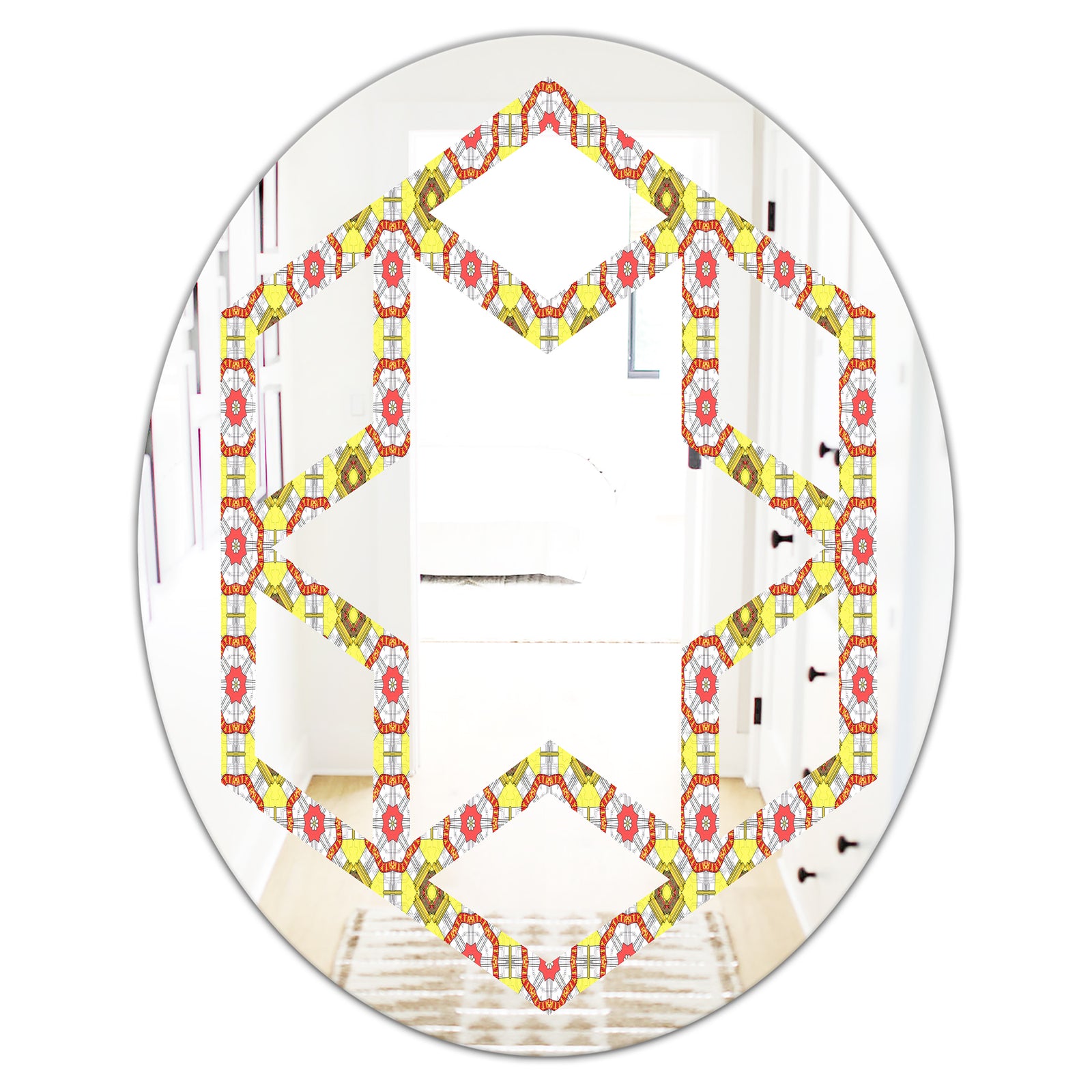 Retro Ethnic Abstract Kaleidoscope Design - Modern Round or Oval Wall Mirror - Hexagon Star