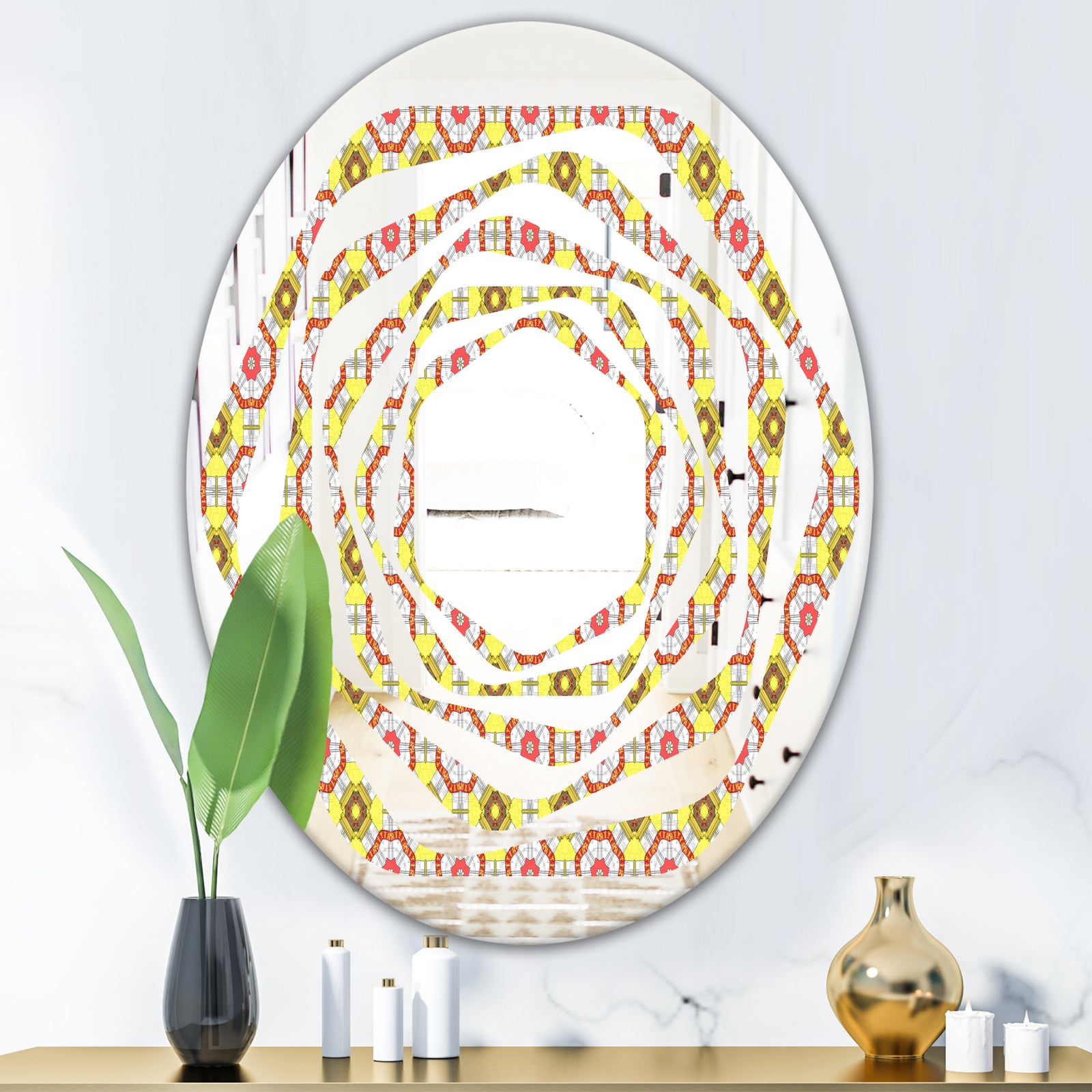 Retro Ethnic Abstract Kaleidoscope Design - Modern Round or Oval Wall Mirror - Whirl
