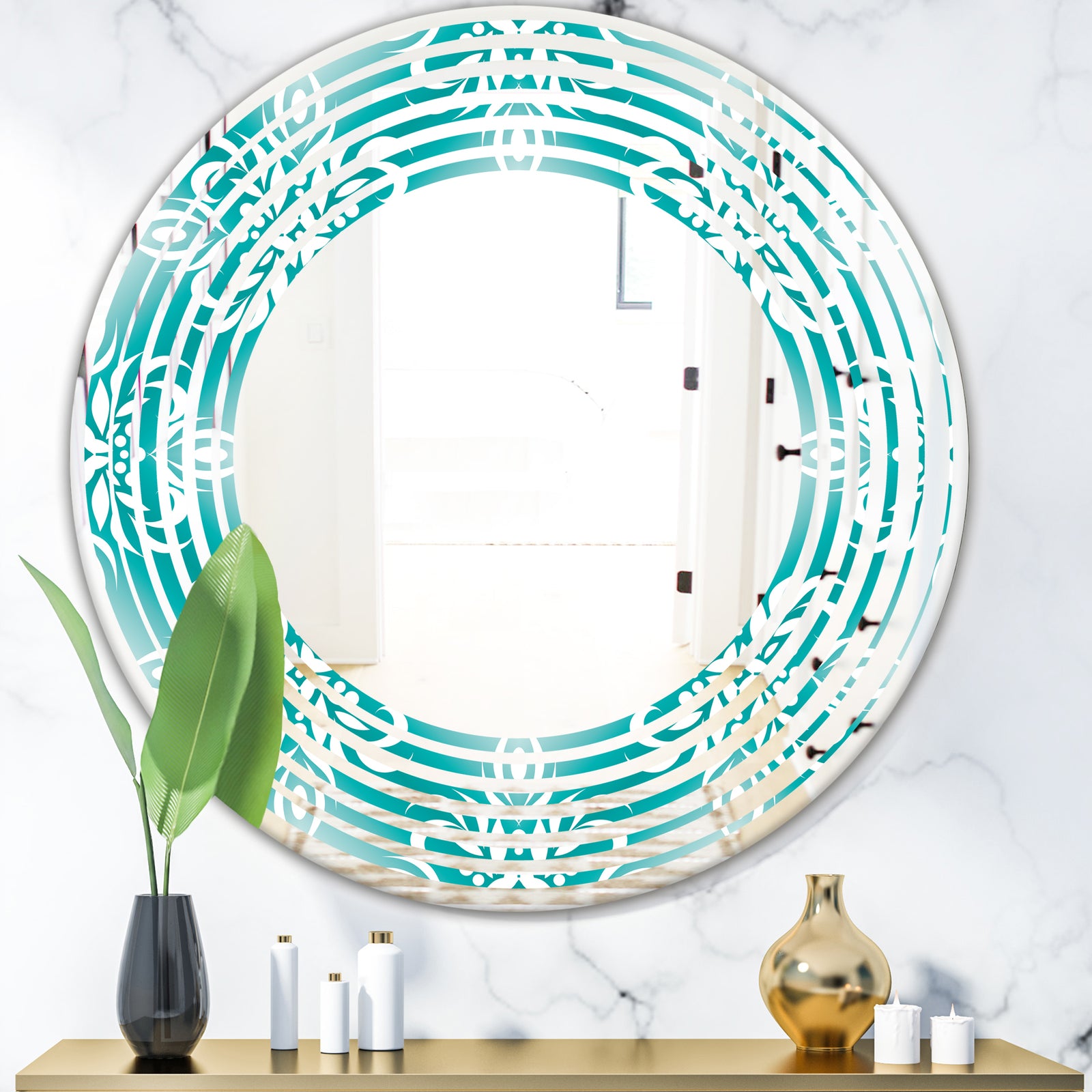 Retro Turquoise Pattern - Modern Round or Oval Wall Mirror - Wave