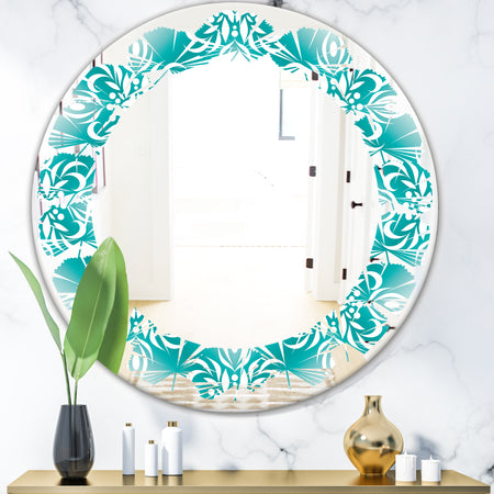 Retro Turquoise Pattern - Modern Round or Oval Wall Mirror - Leaves