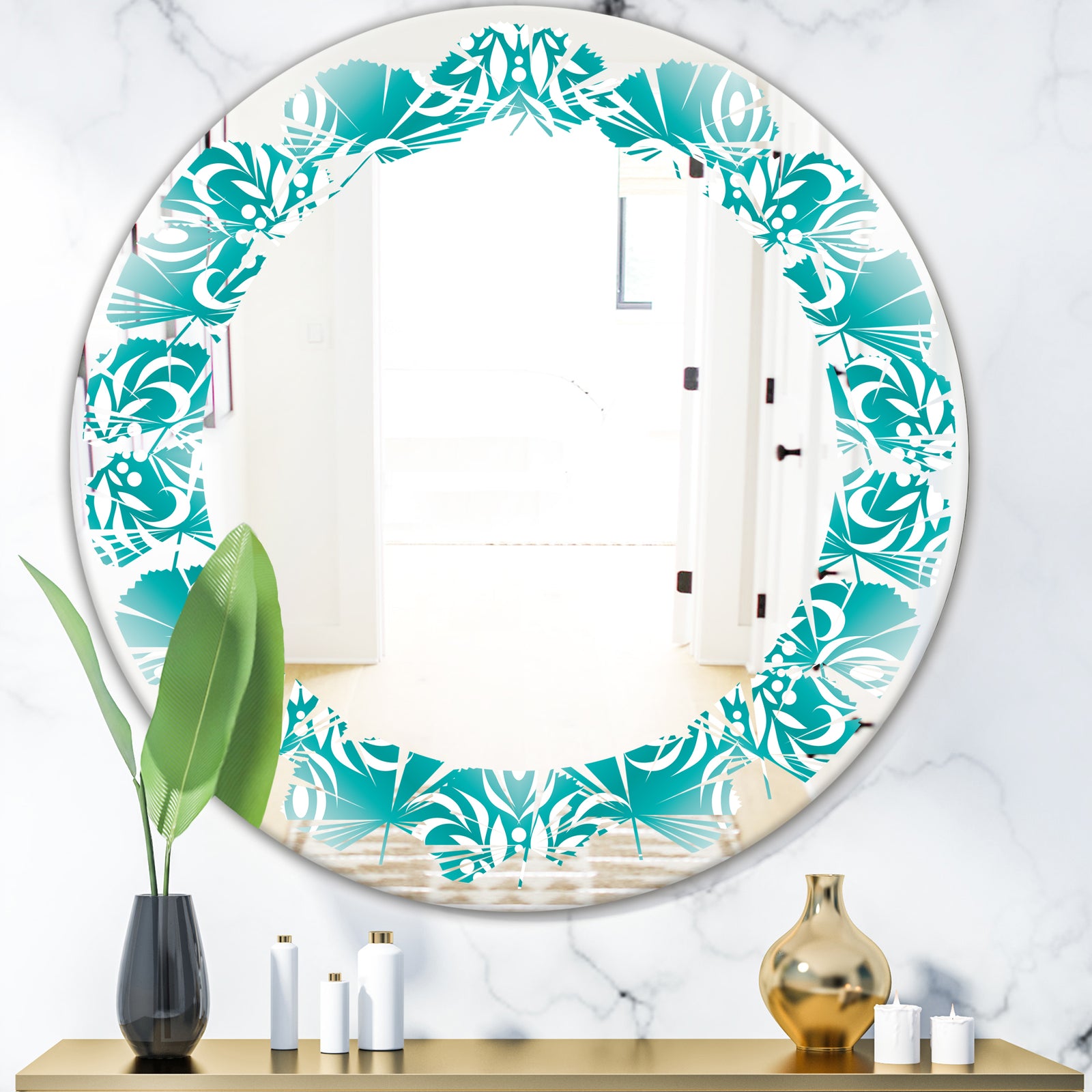 Retro Turquoise Pattern - Modern Round or Oval Wall Mirror - Leaves