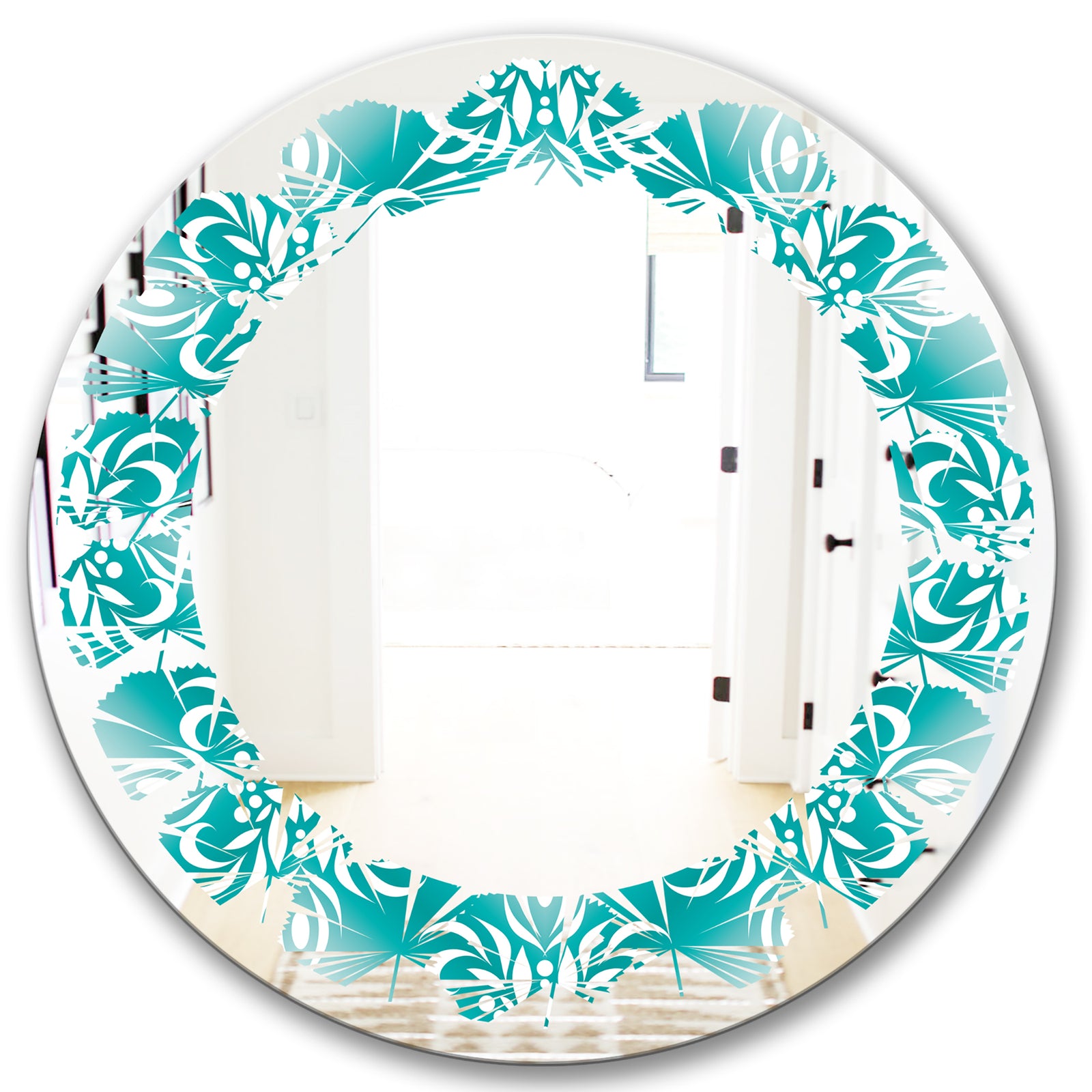 Retro Turquoise Pattern - Modern Round or Oval Wall Mirror - Leaves
