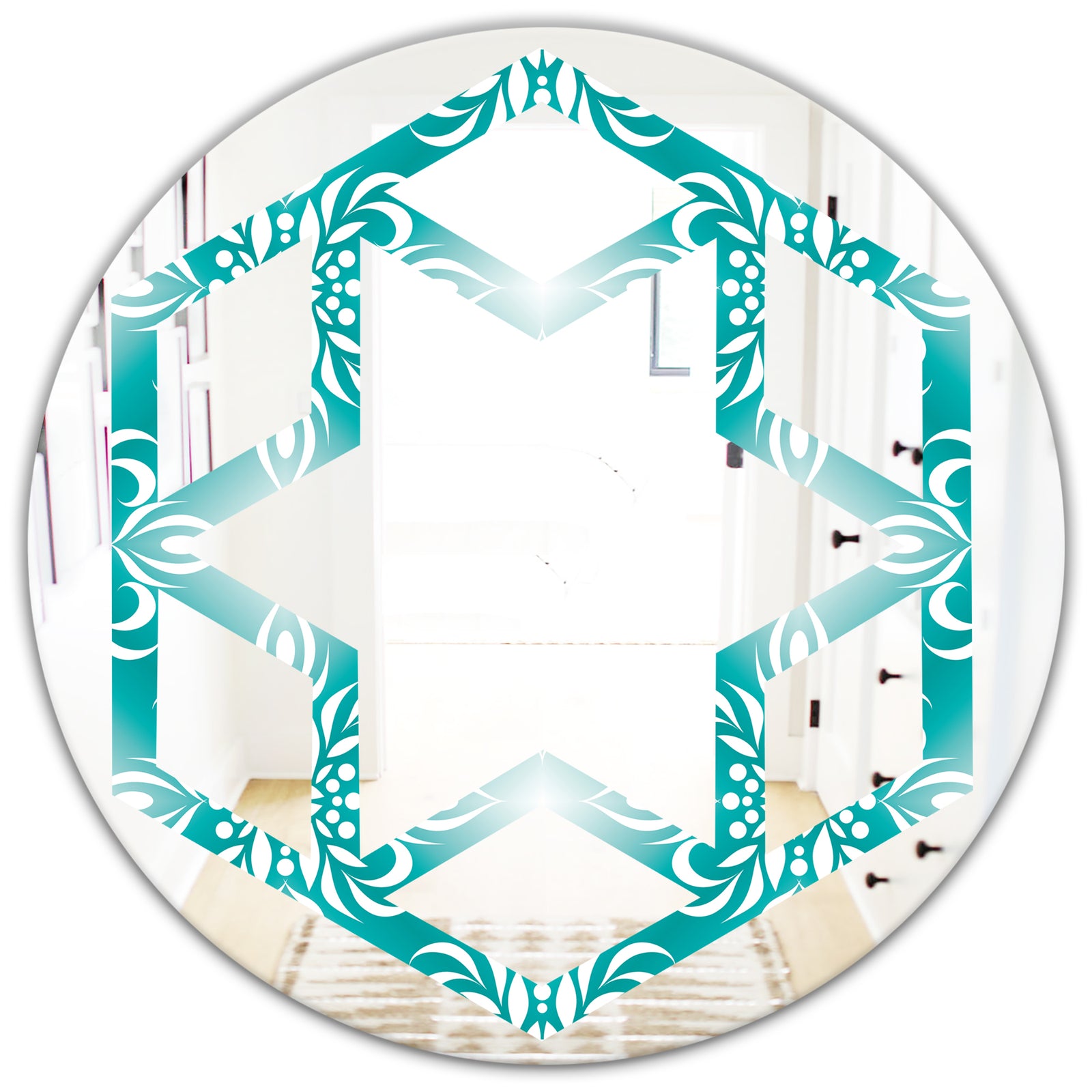 Retro Turquoise Pattern - Modern Round or Oval Wall Mirror - Hexagon Star