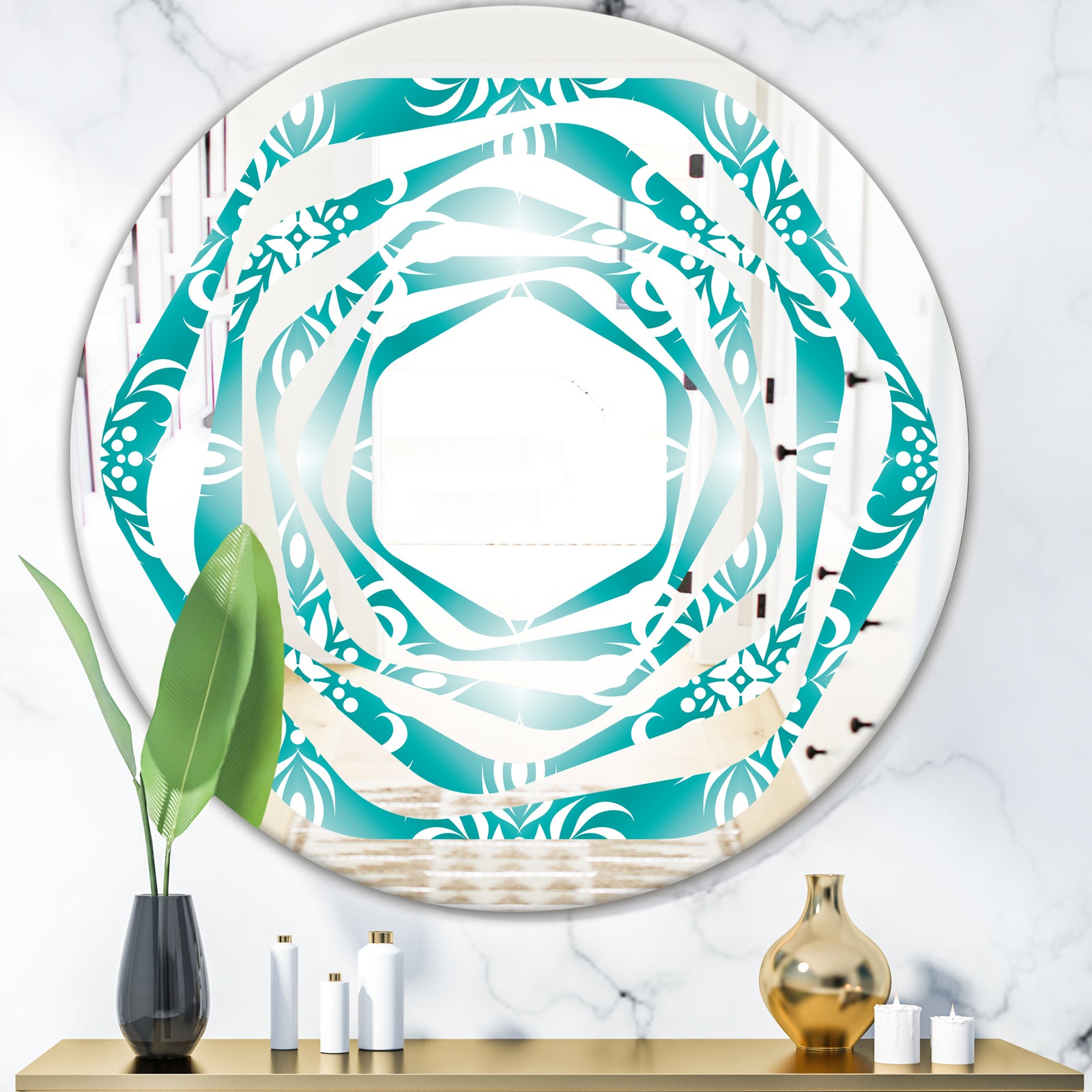 Retro Turquoise Pattern - Modern Round or Oval Wall Mirror - Whirl