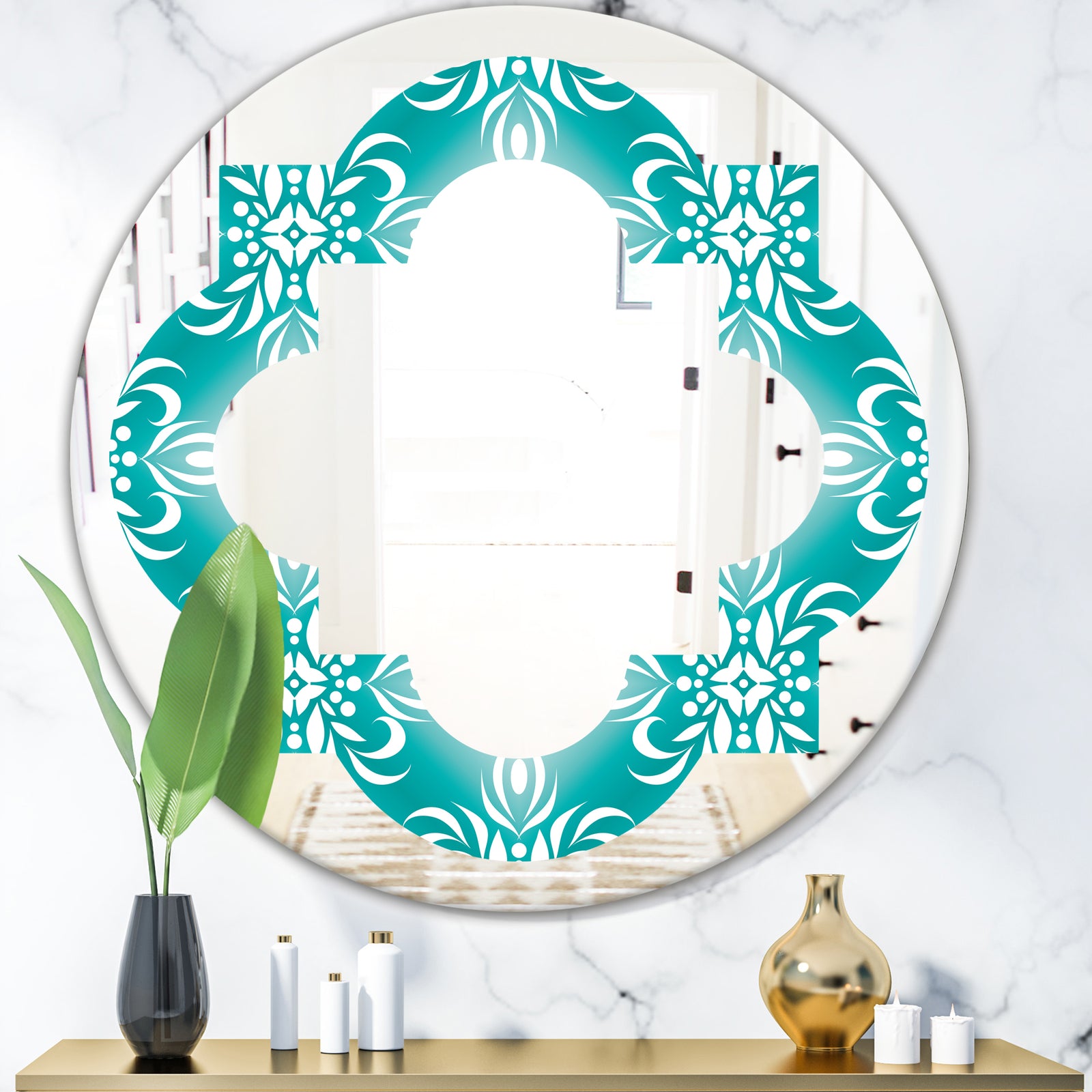 Retro Turquoise Pattern - Modern Round or Oval Wall Mirror - Quatrefoil