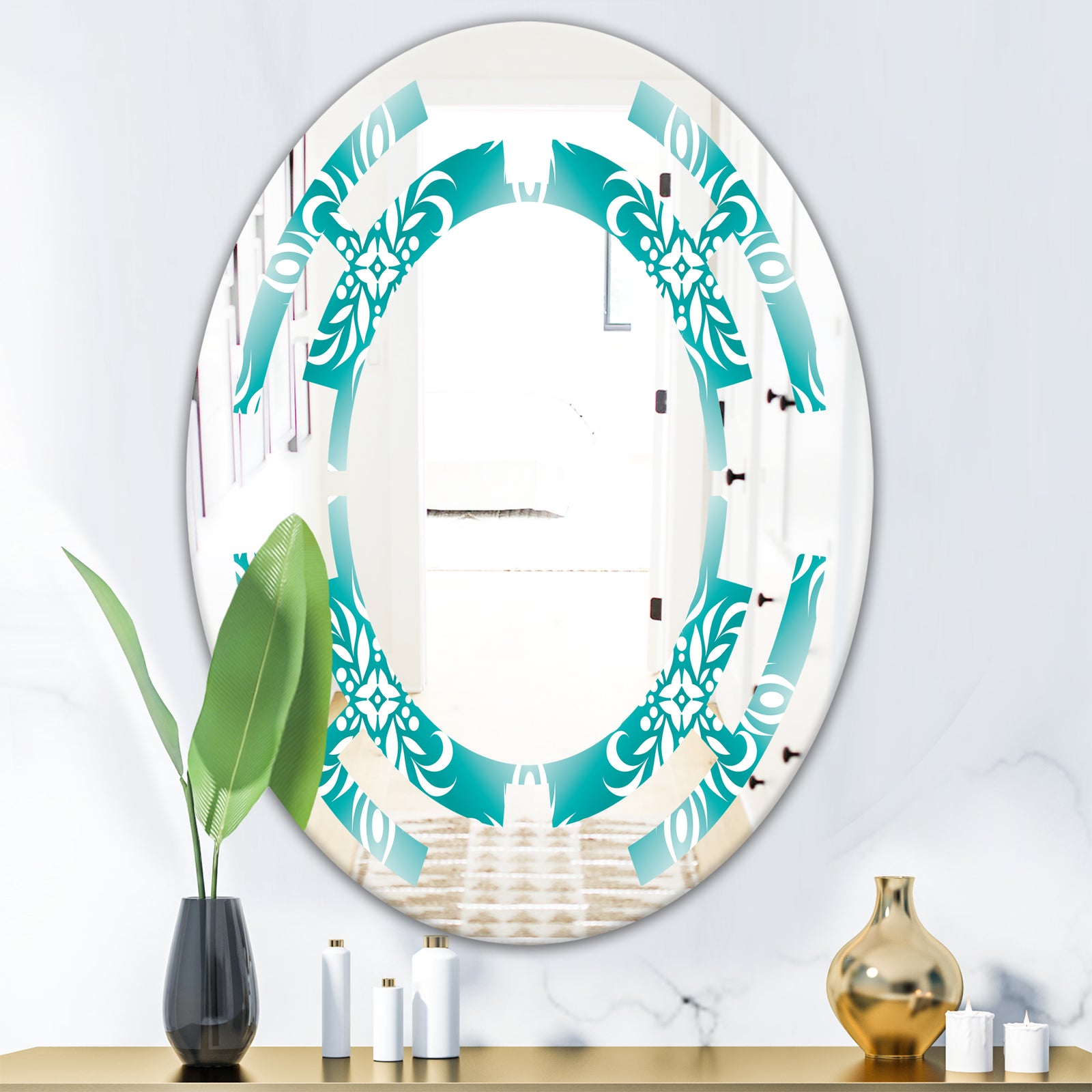 Retro Turquoise Pattern - Modern Round or Oval Wall Mirror - Space