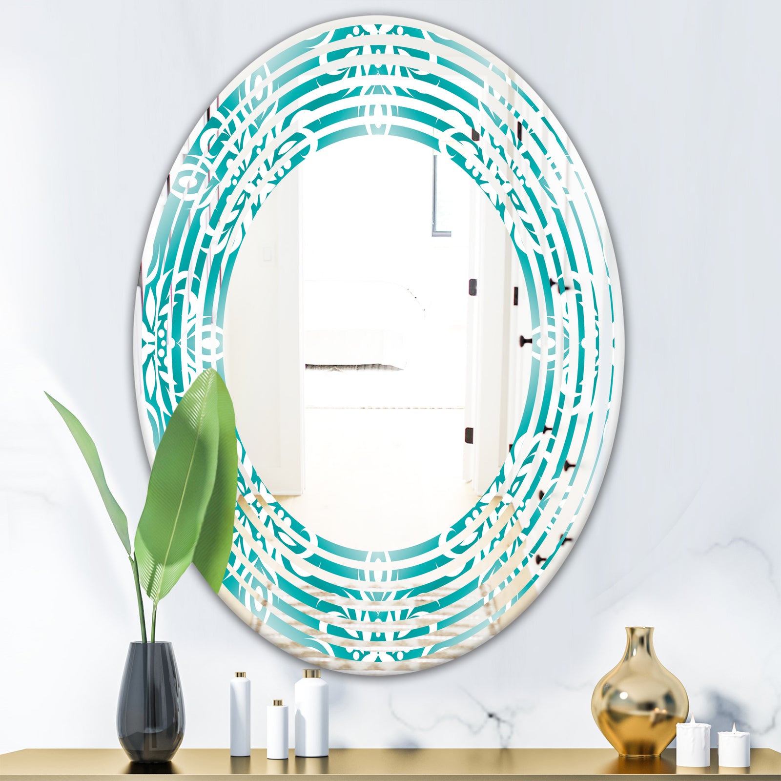 Retro Turquoise Pattern - Modern Round or Oval Wall Mirror - Wave