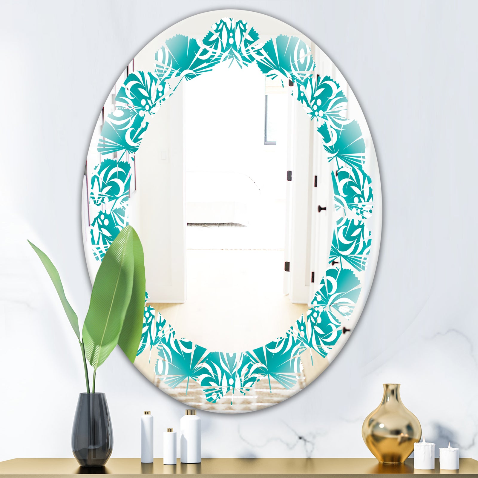 Retro Turquoise Pattern - Modern Round or Oval Wall Mirror - Leaves