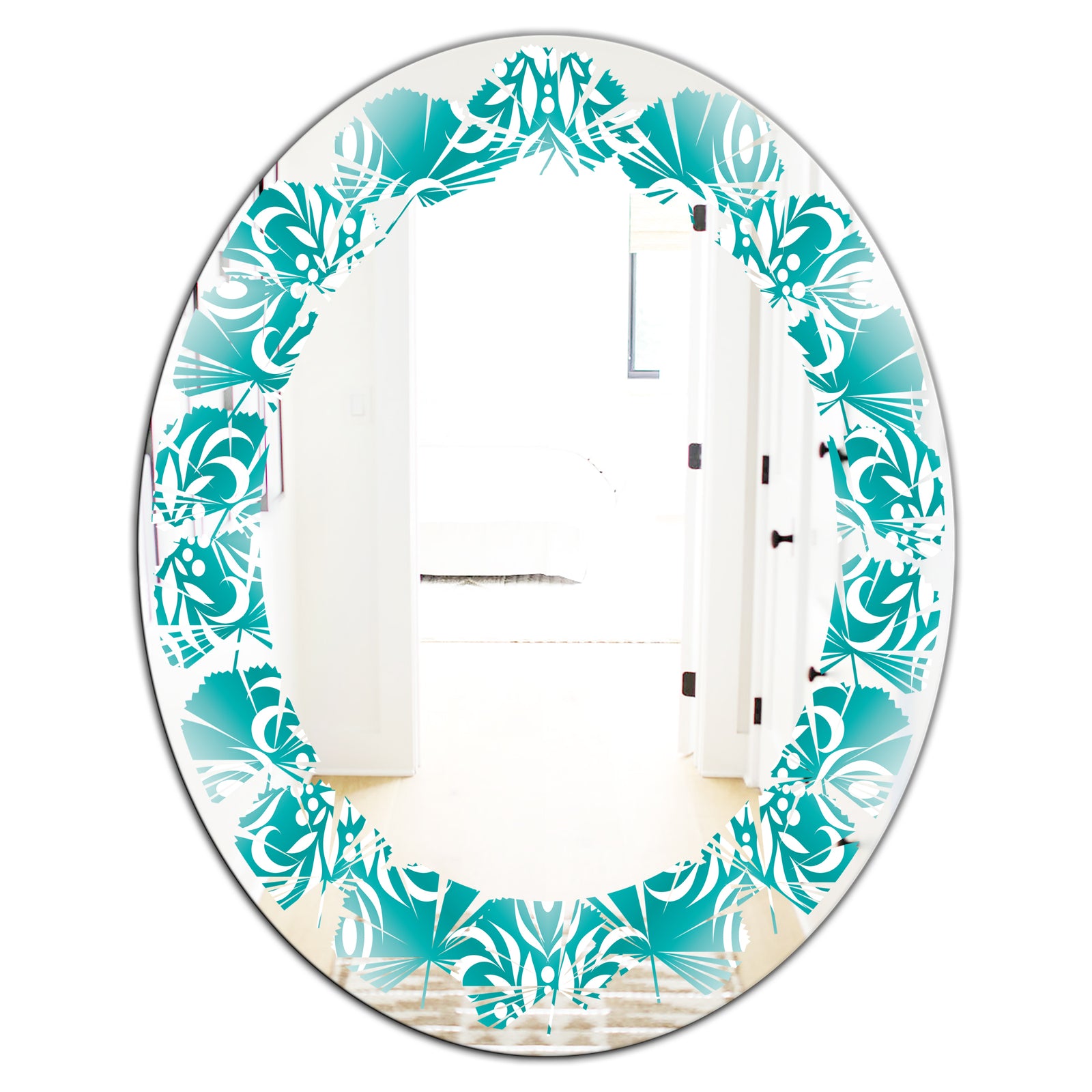 Retro Turquoise Pattern - Modern Round or Oval Wall Mirror - Leaves