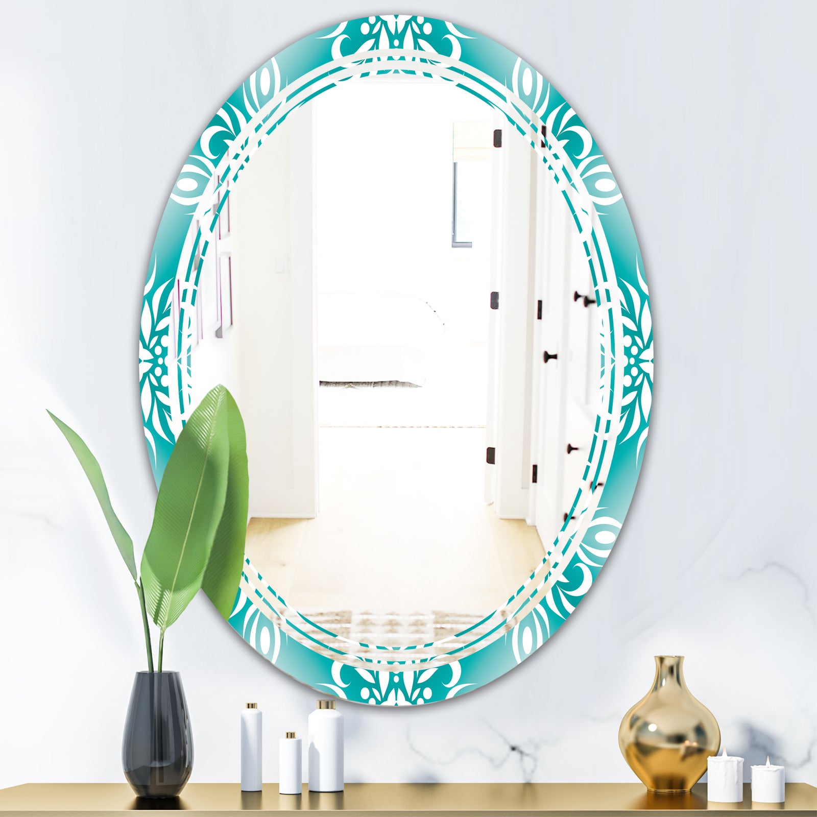 Retro Turquoise Pattern - Modern Round or Oval Wall Mirror - Triple C