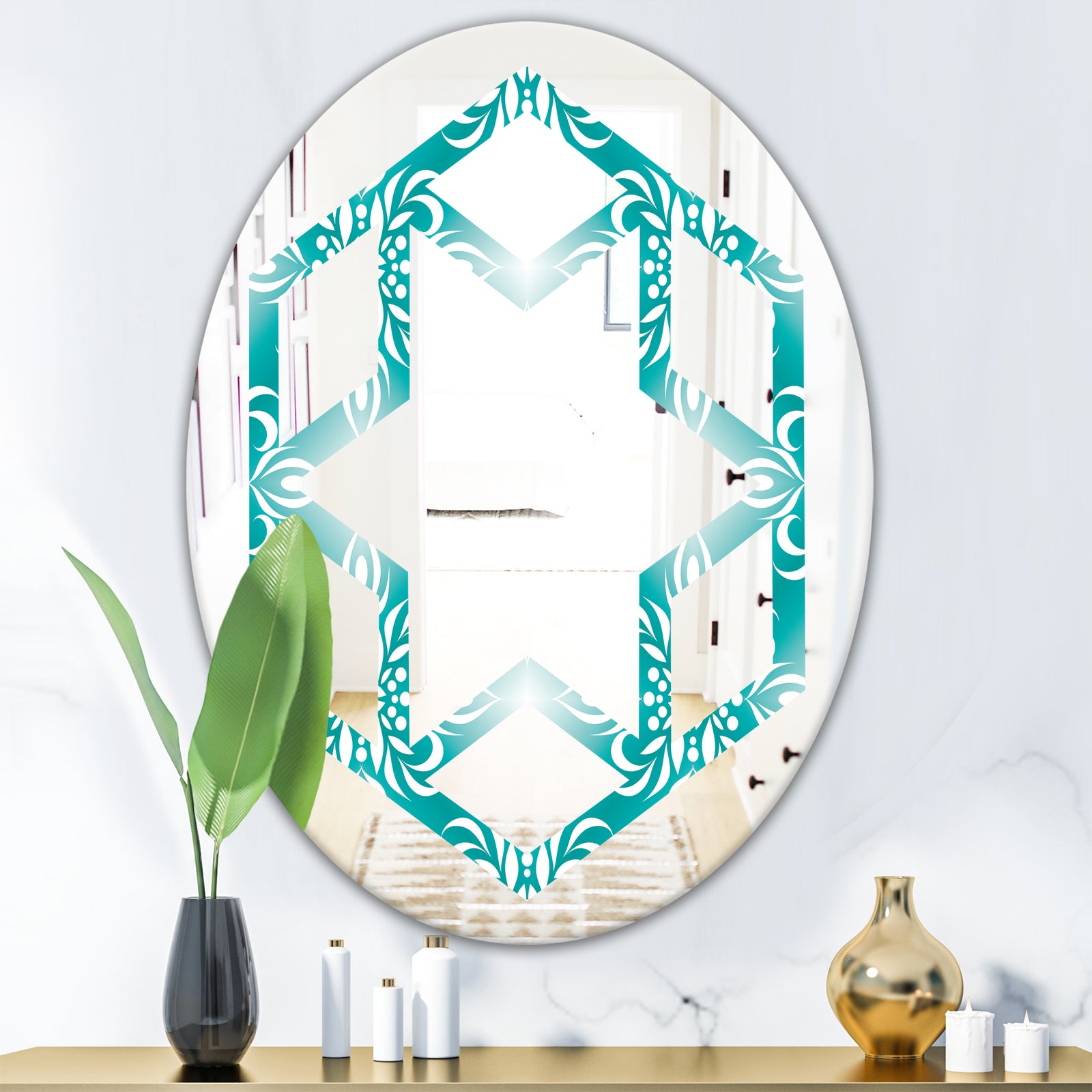 Retro Turquoise Pattern - Modern Round or Oval Wall Mirror - Hexagon Star