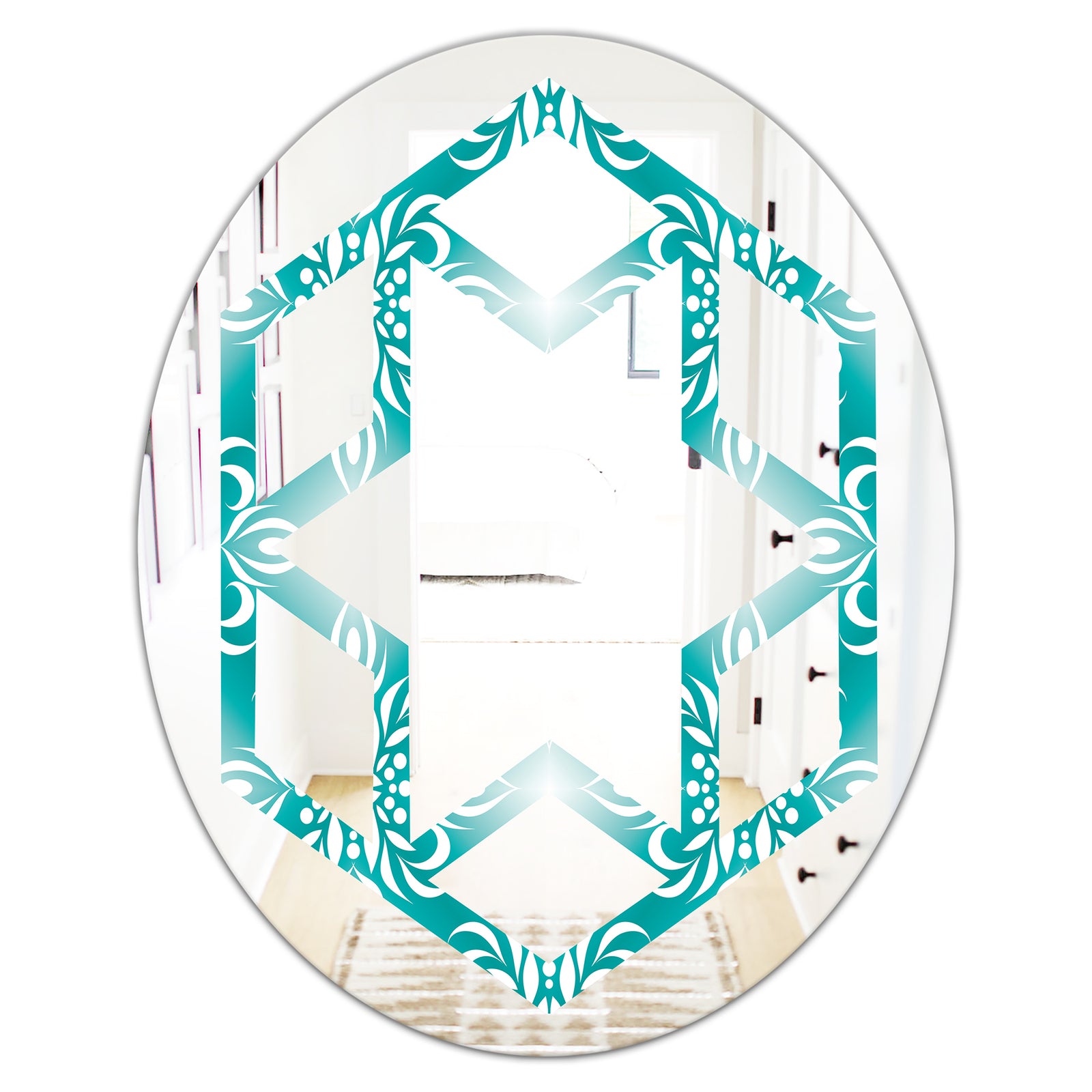 Retro Turquoise Pattern - Modern Round or Oval Wall Mirror - Hexagon Star