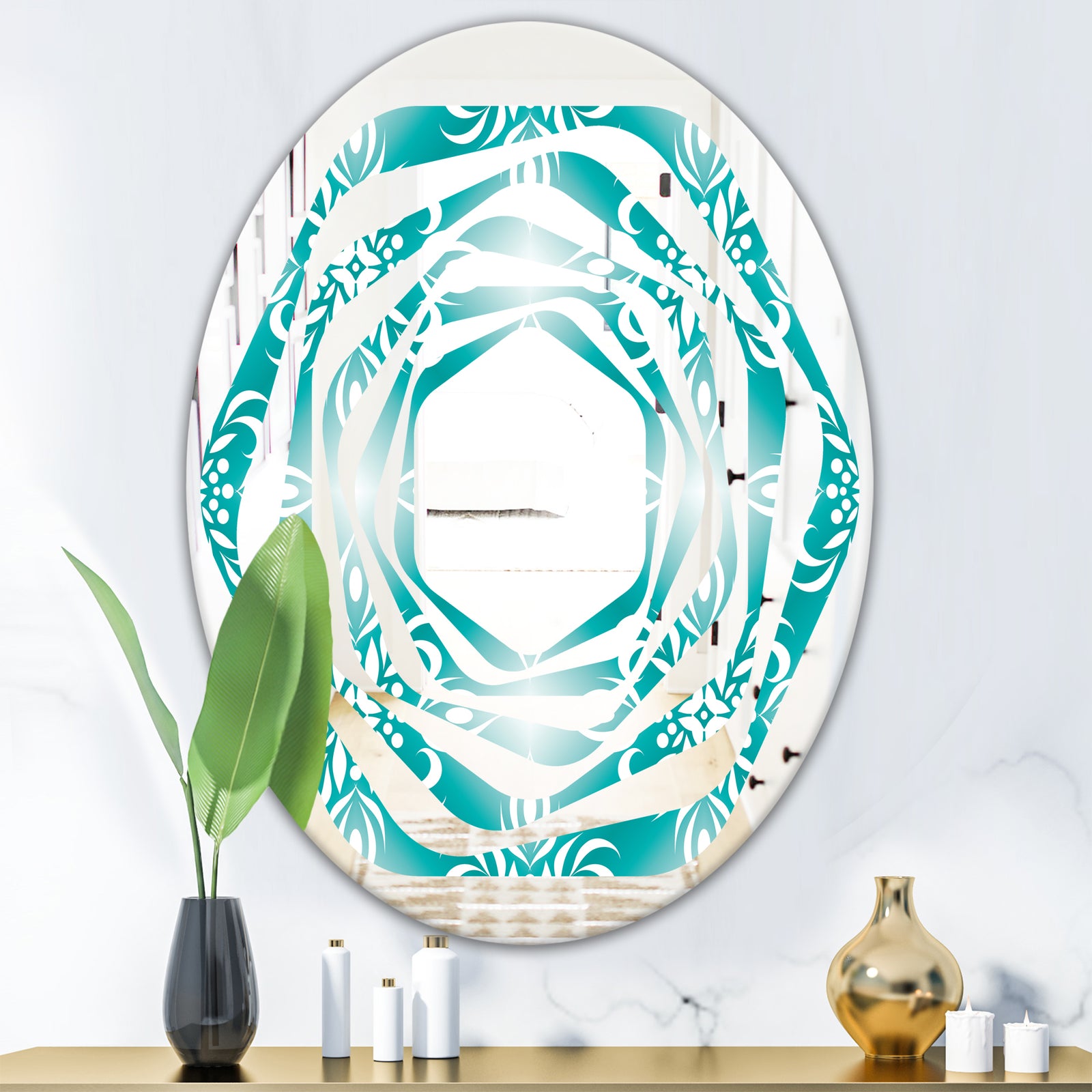 Retro Turquoise Pattern - Modern Round or Oval Wall Mirror - Whirl