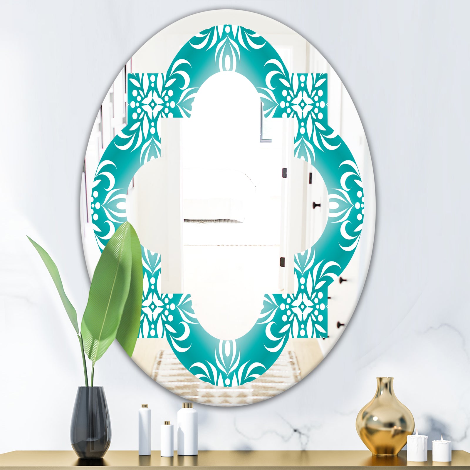 Retro Turquoise Pattern - Modern Round or Oval Wall Mirror - Quatrefoil