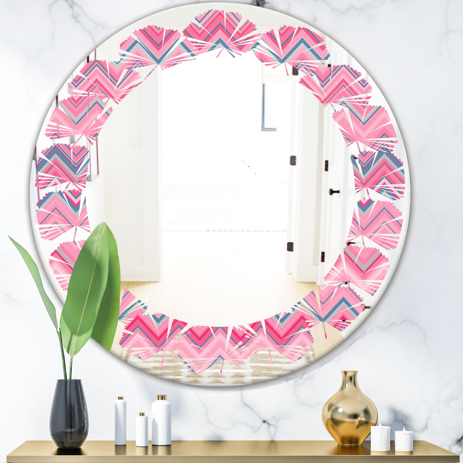 Abstract Retro Geometric III - Modern Round or Oval Wall Mirror - Leaves