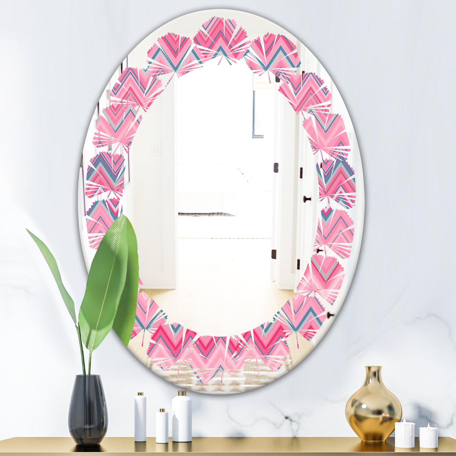 Abstract Retro Geometric III - Modern Round or Oval Wall Mirror - Leaves