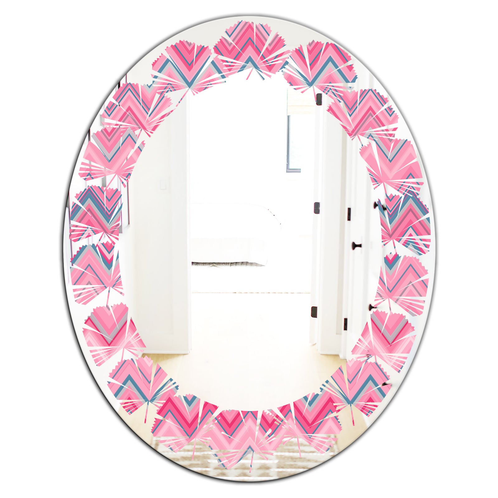 Abstract Retro Geometric III - Modern Round or Oval Wall Mirror - Leaves