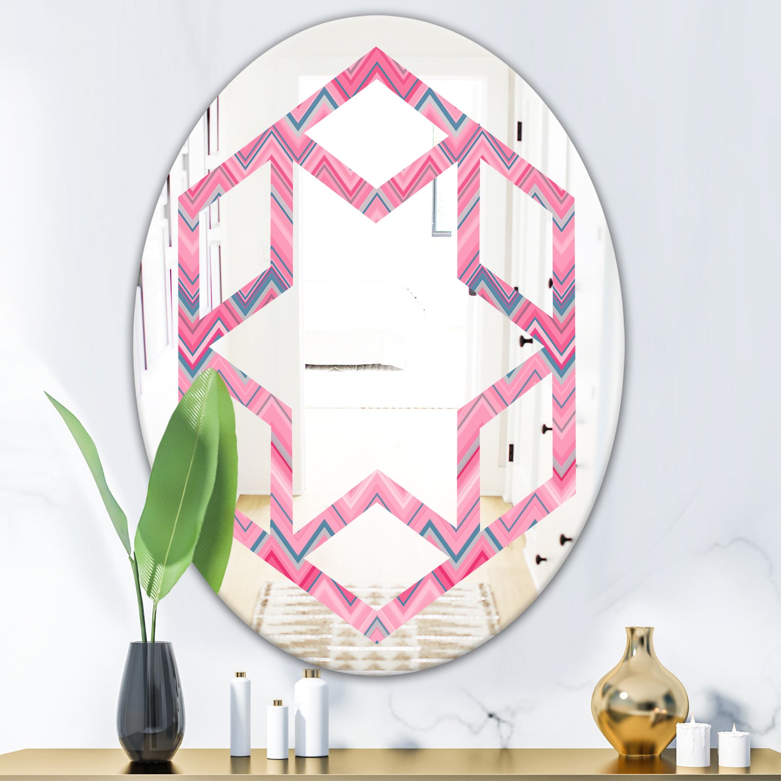 Abstract Retro Geometric III - Modern Round or Oval Wall Mirror - Hexagon Star