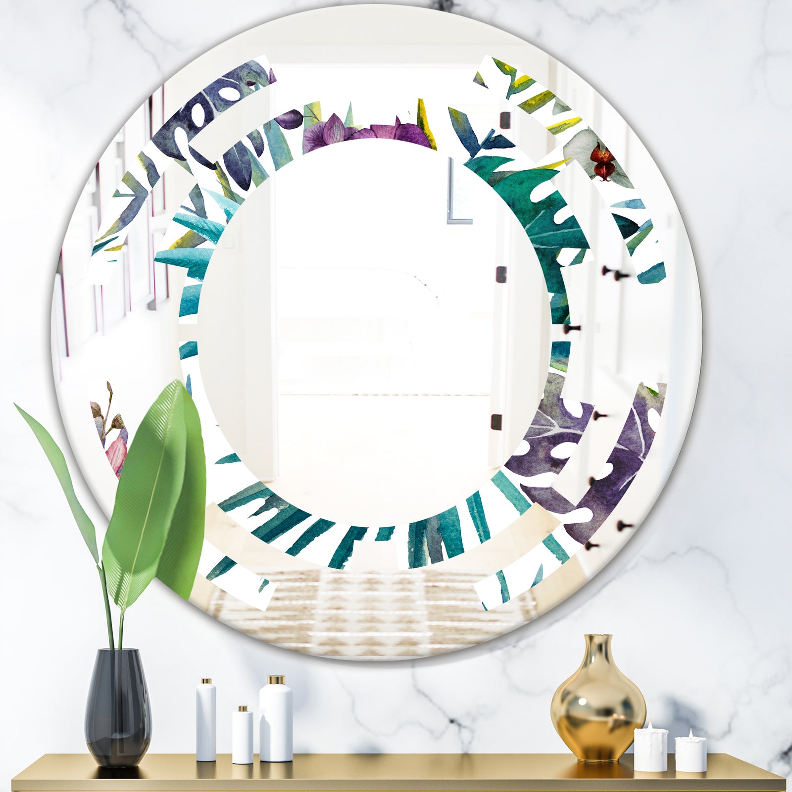 Retro Floral Botanical Design II - Modern Round or Oval Wall Mirror - Space