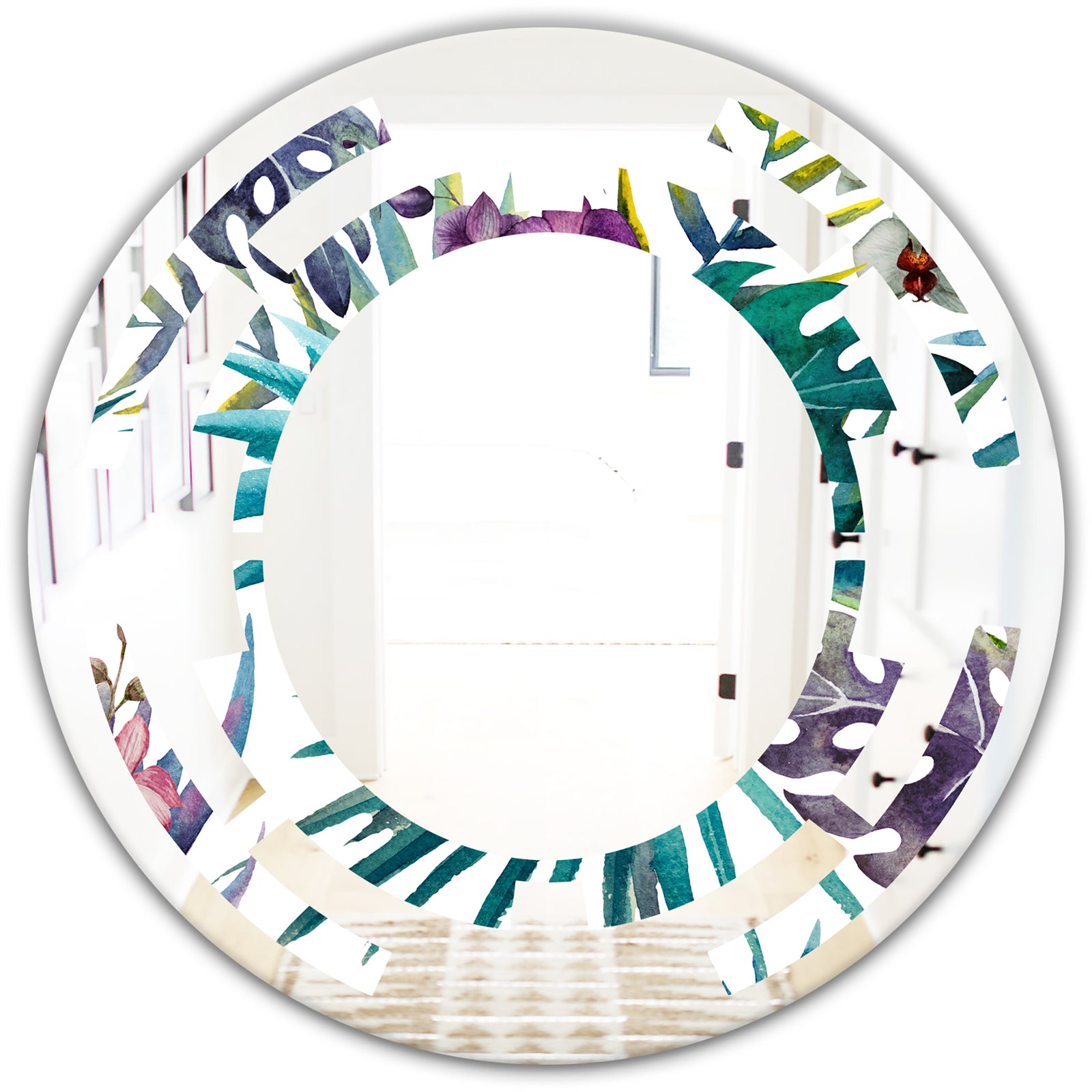 Retro Floral Botanical Design II - Modern Round or Oval Wall Mirror - Space