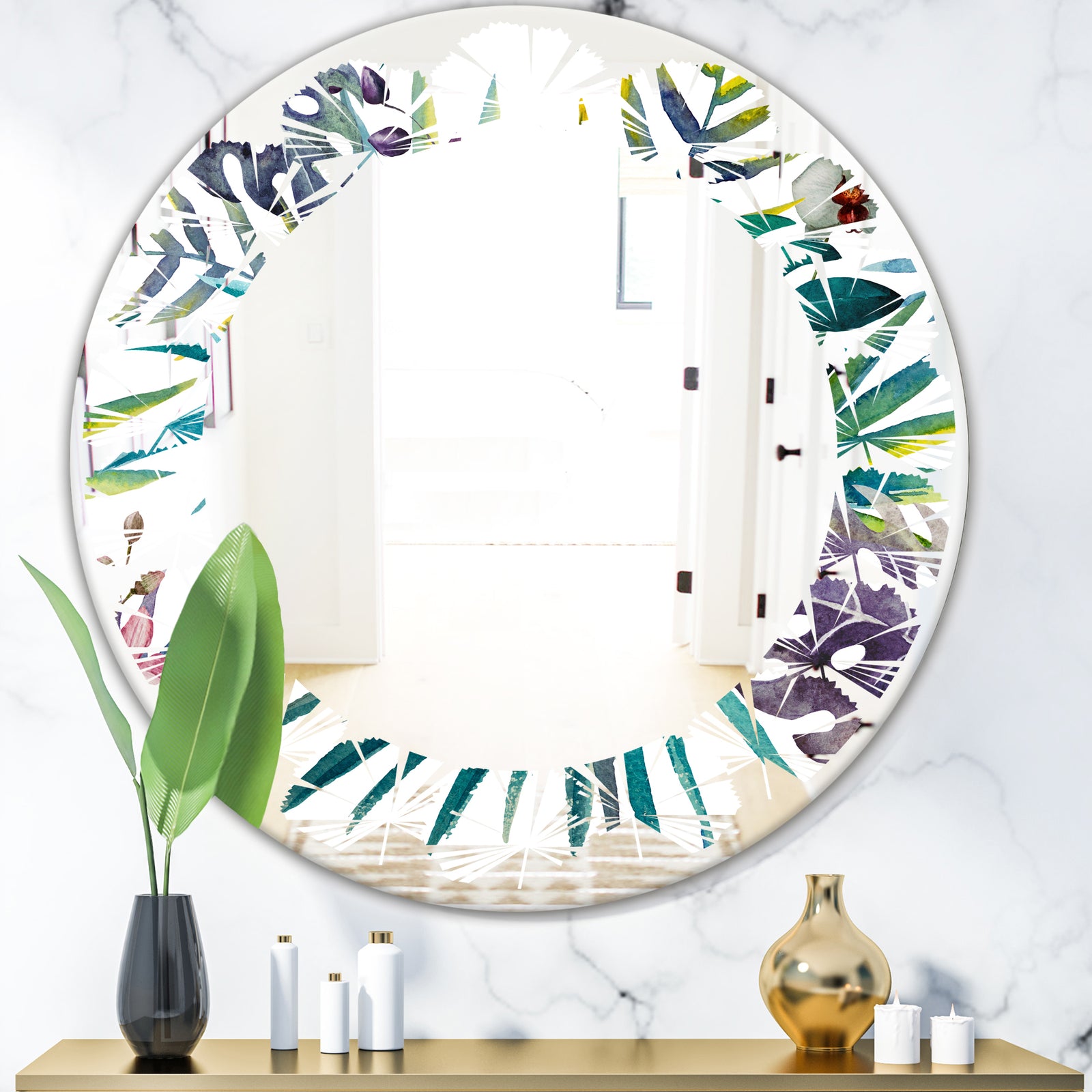 Retro Floral Botanical Design II - Modern Round or Oval Wall Mirror - Leaves