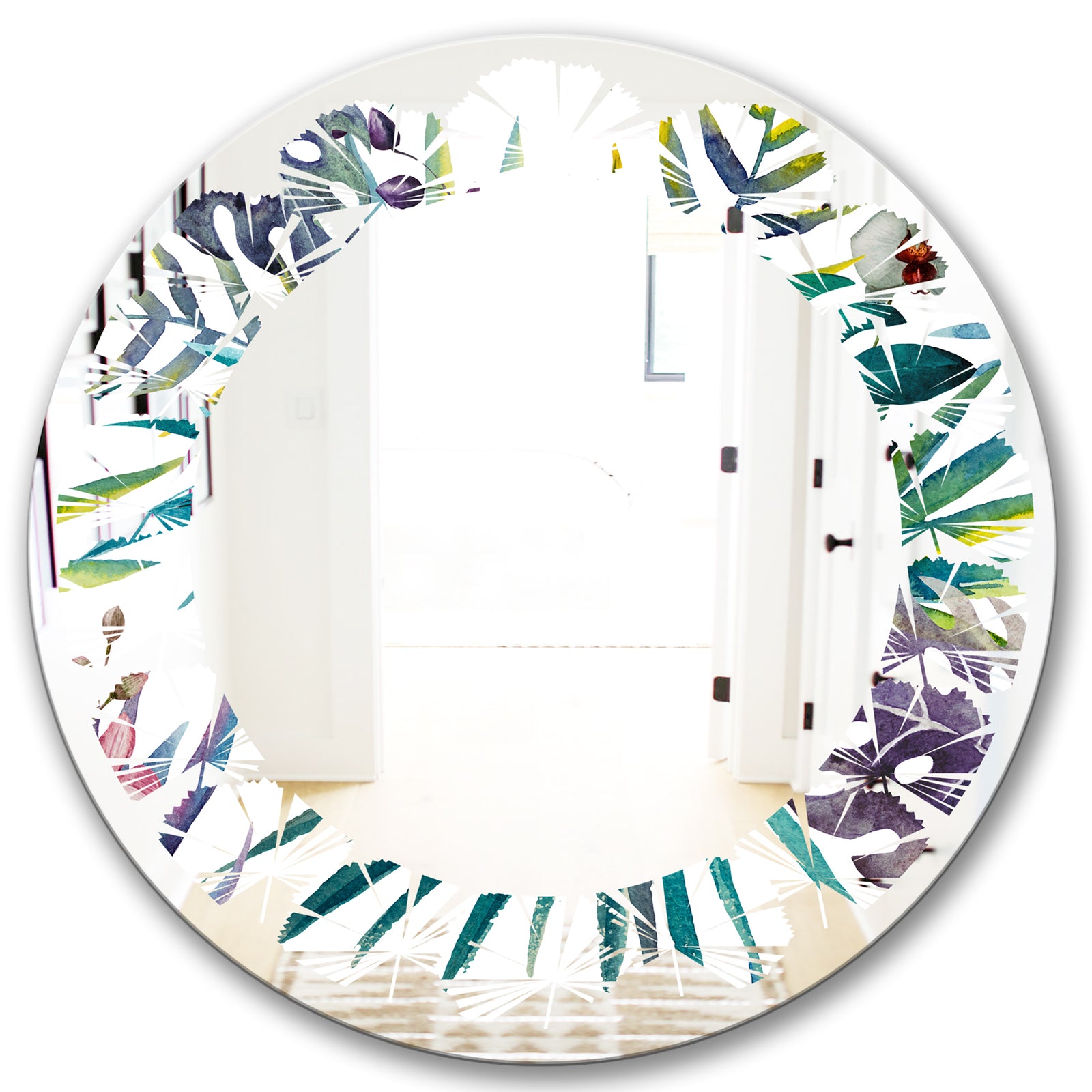Retro Floral Botanical Design II - Modern Round or Oval Wall Mirror - Leaves