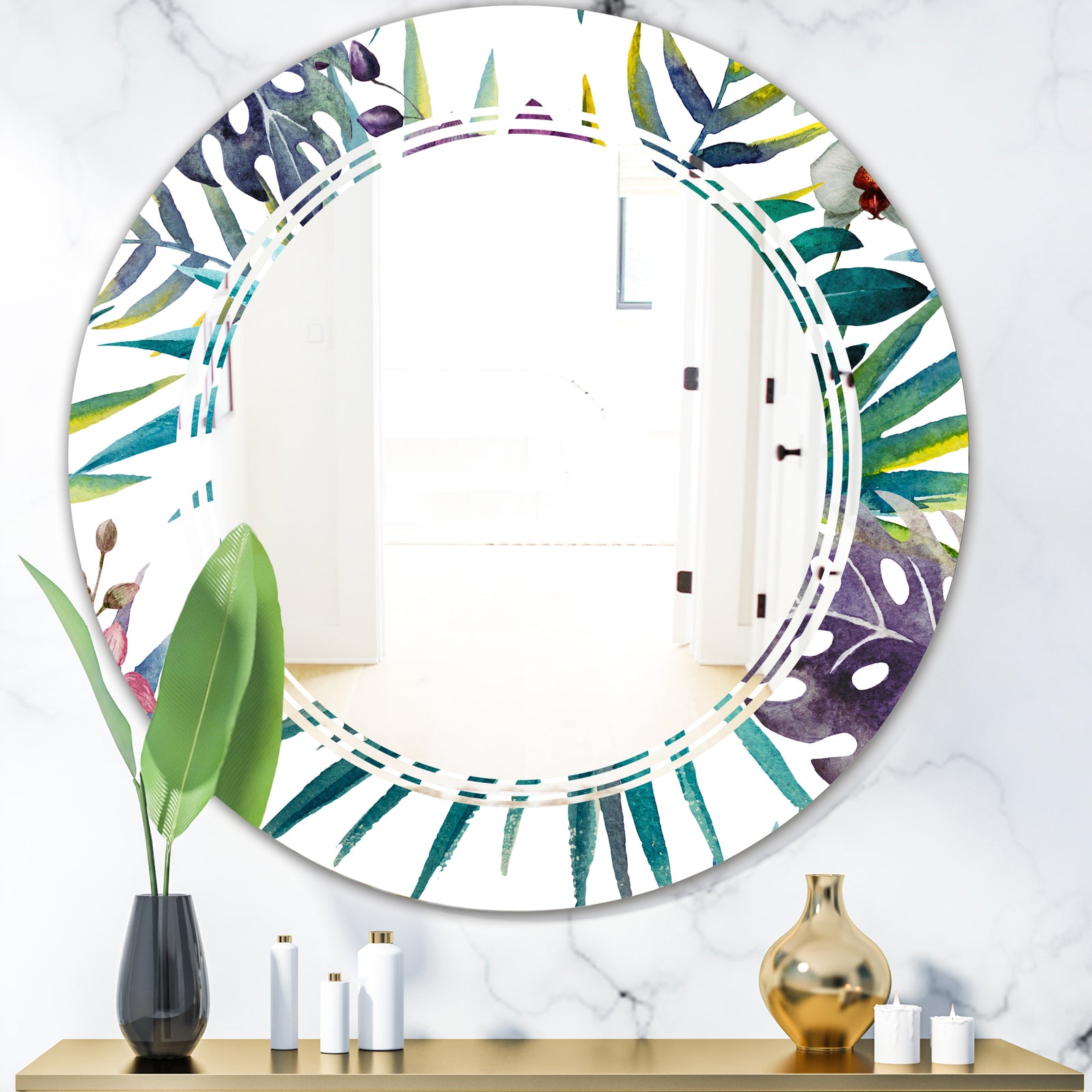 Retro Floral Botanical Design II - Modern Round or Oval Wall Mirror - Triple C
