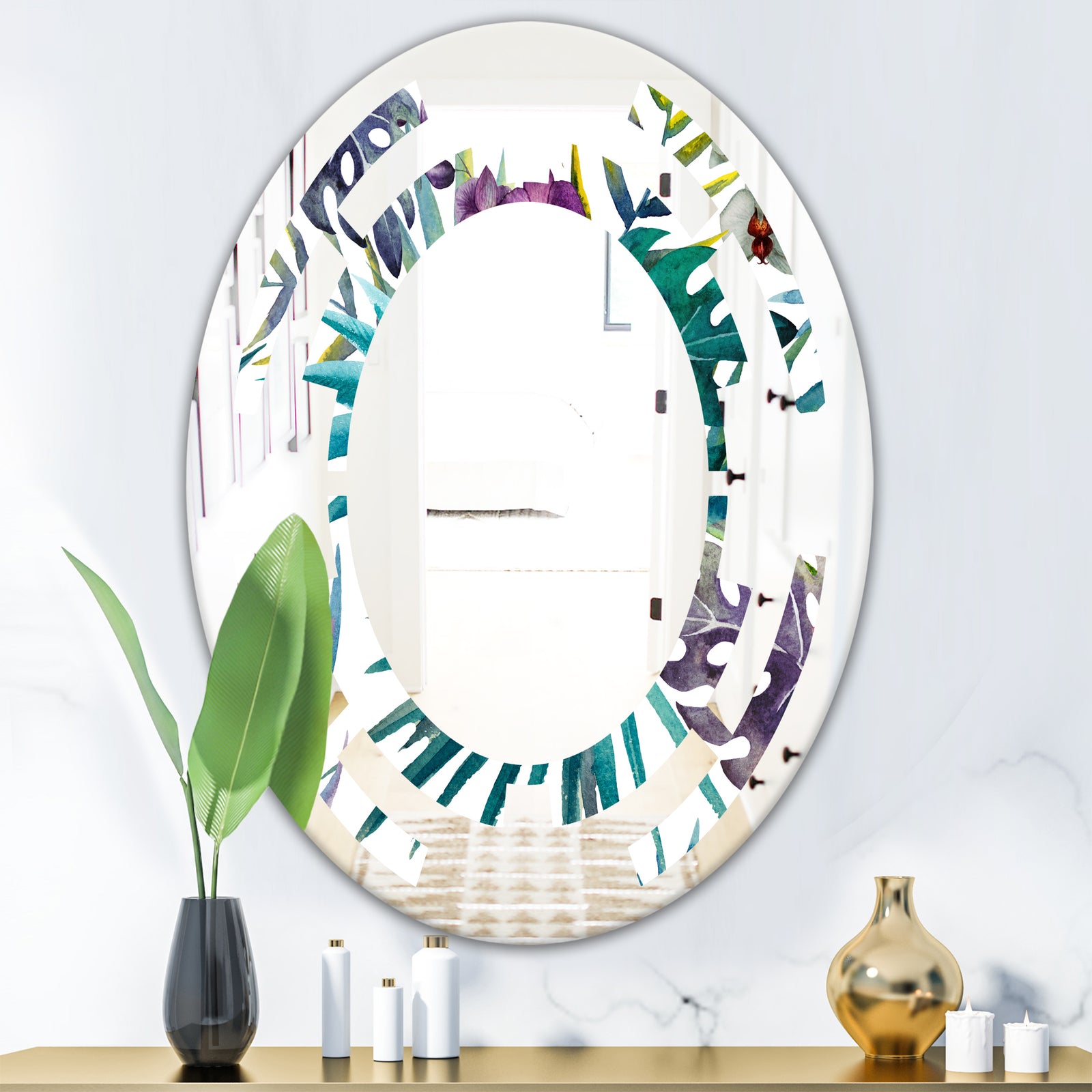 Retro Floral Botanical Design II - Modern Round or Oval Wall Mirror - Space