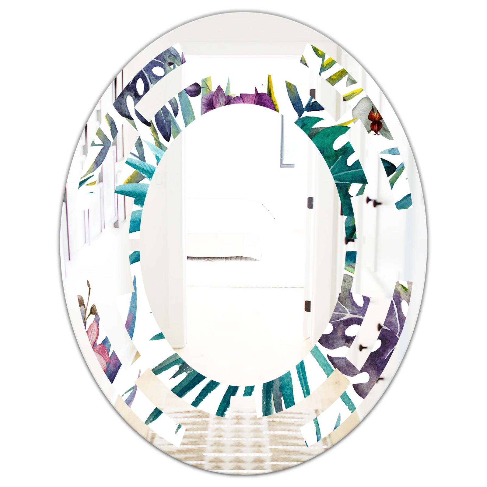 Retro Floral Botanical Design II - Modern Round or Oval Wall Mirror - Space
