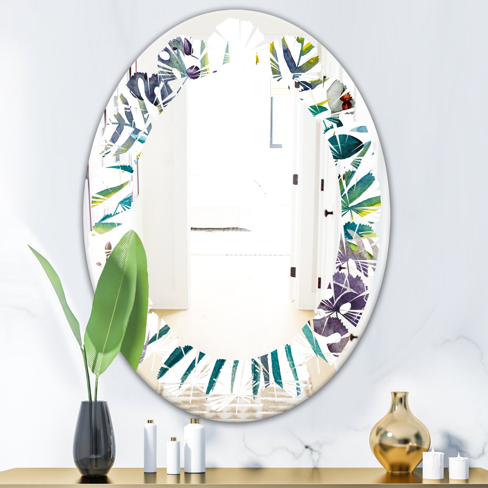 Retro Floral Botanical Design II - Modern Round or Oval Wall Mirror - Leaves