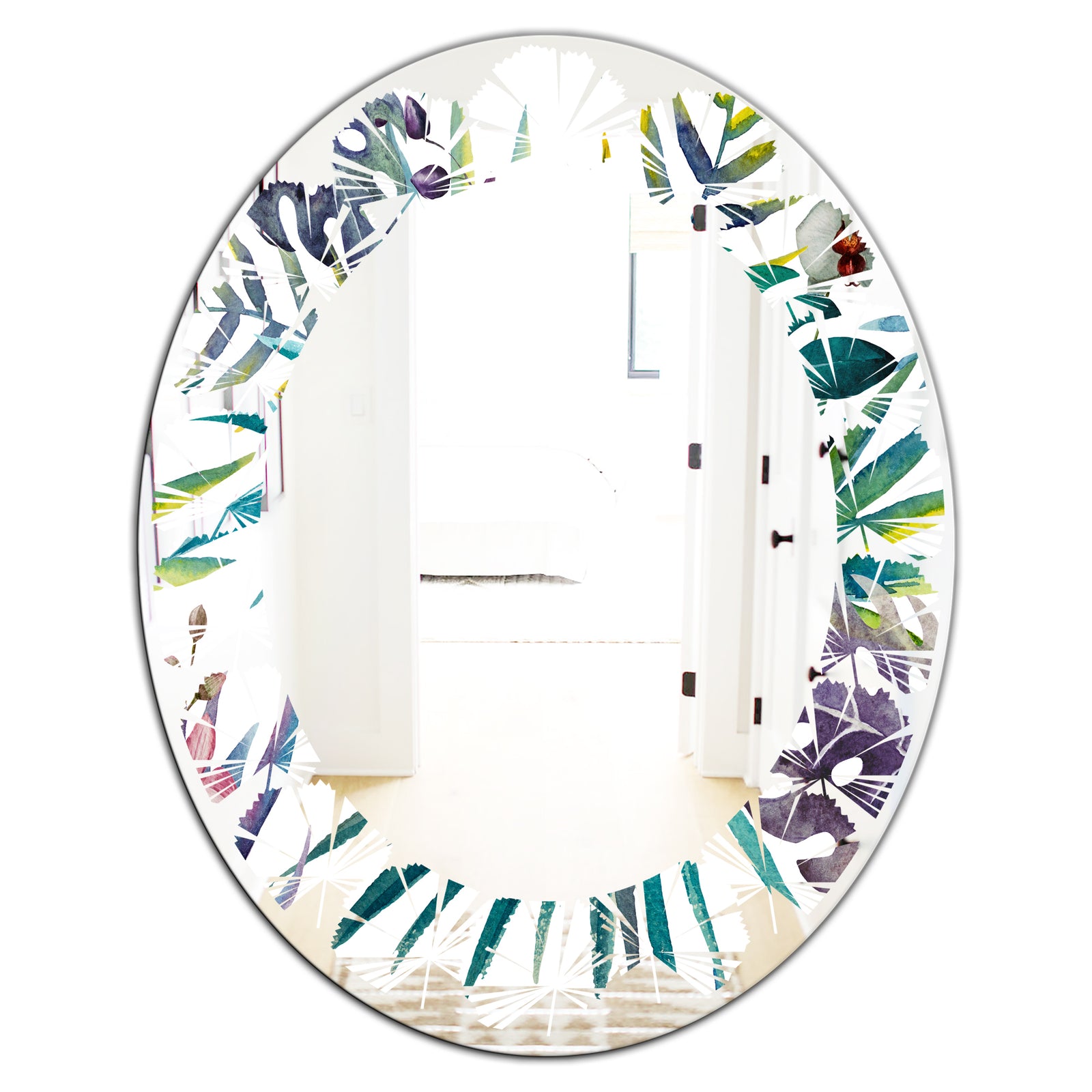 Retro Floral Botanical Design II - Modern Round or Oval Wall Mirror - Leaves