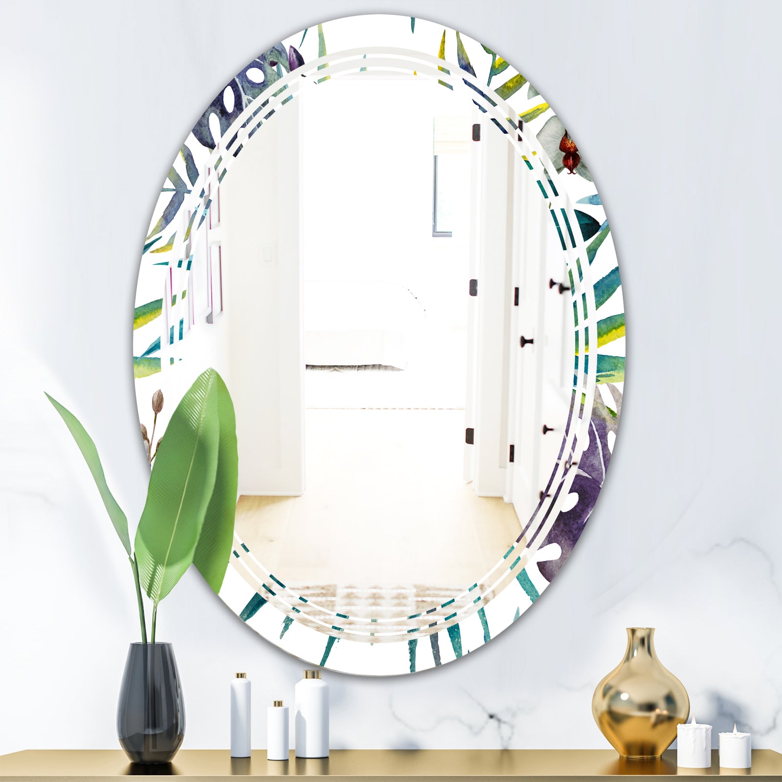 Retro Floral Botanical Design II - Modern Round or Oval Wall Mirror - Triple C