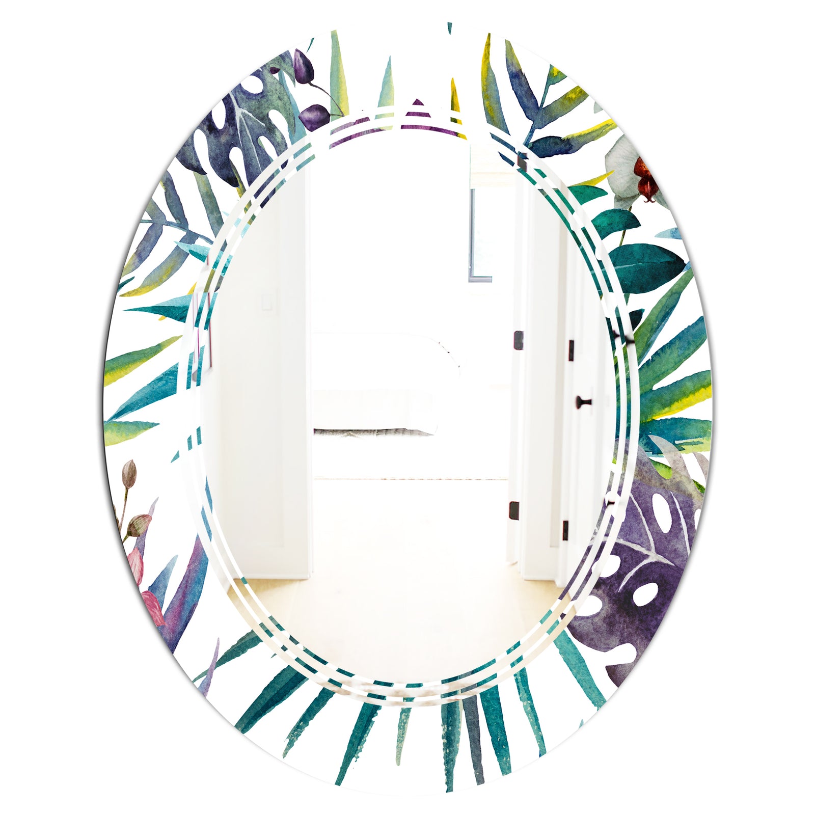 Retro Floral Botanical Design II - Modern Round or Oval Wall Mirror - Triple C