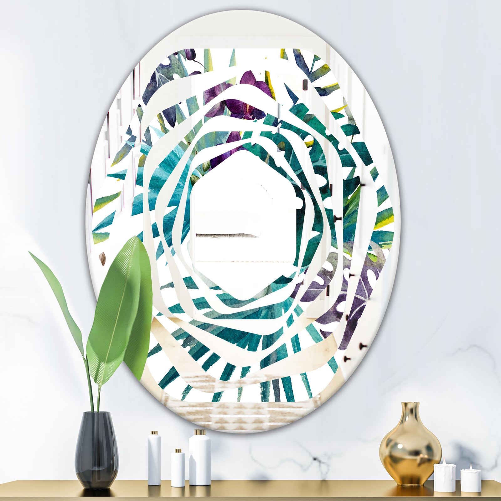Retro Floral Botanical Design II - Modern Round or Oval Wall Mirror - Whirl