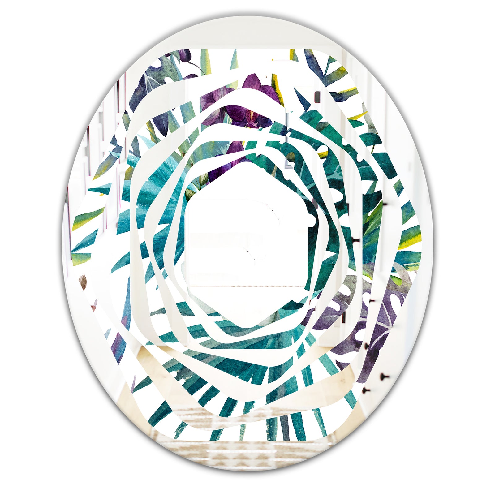Retro Floral Botanical Design II - Modern Round or Oval Wall Mirror - Whirl