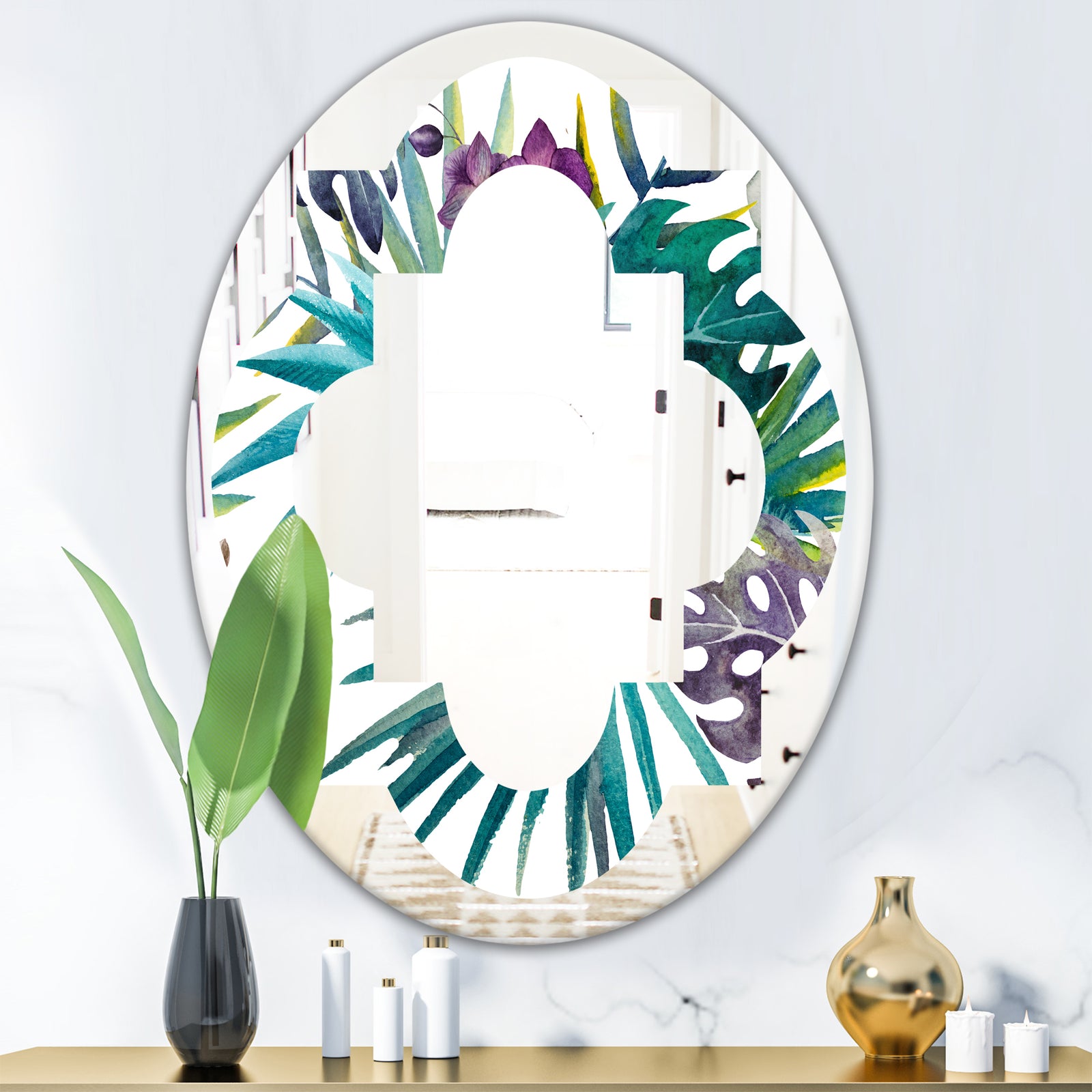 Retro Floral Botanical Design II - Modern Round or Oval Wall Mirror - Quatrefoil