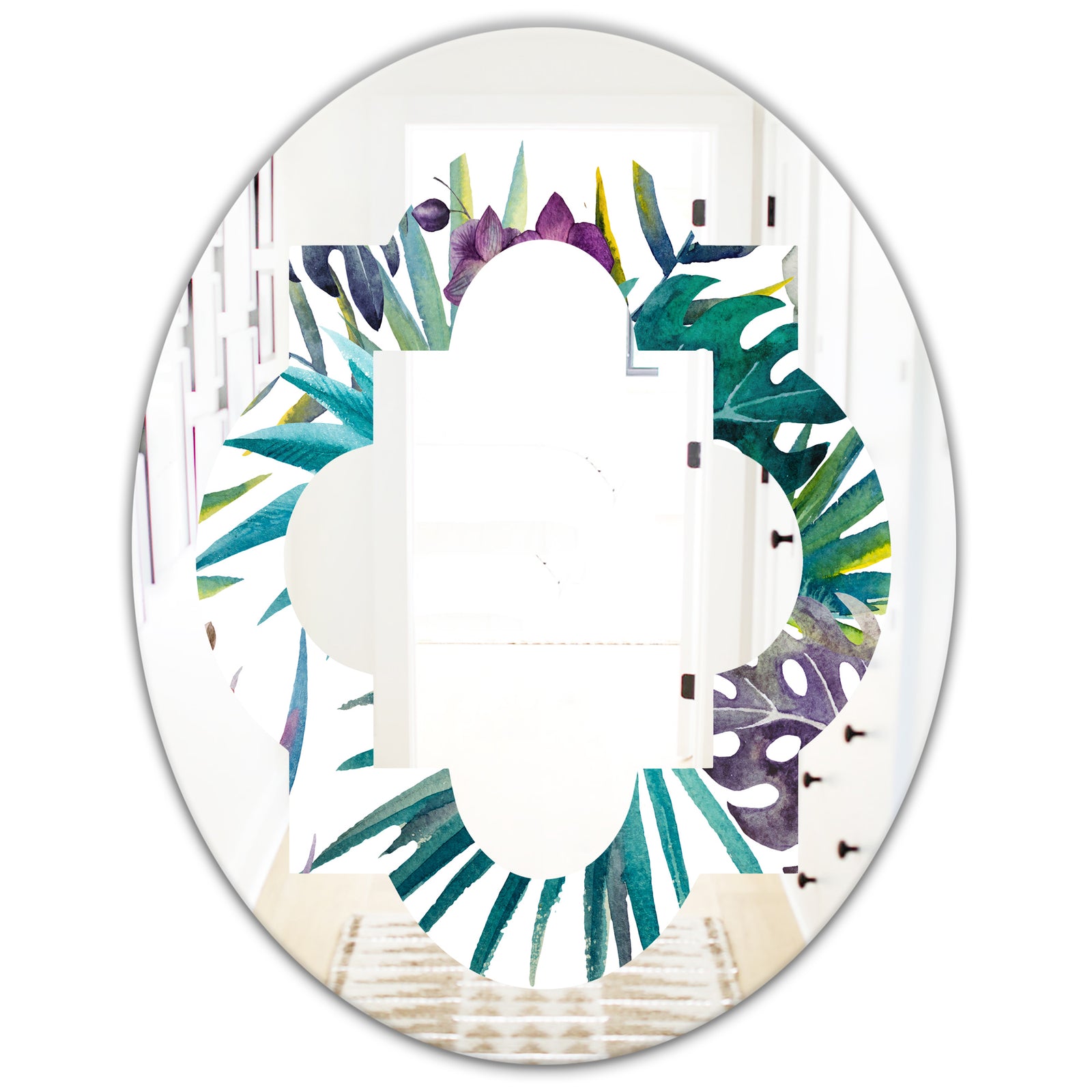 Retro Floral Botanical Design II - Modern Round or Oval Wall Mirror - Quatrefoil