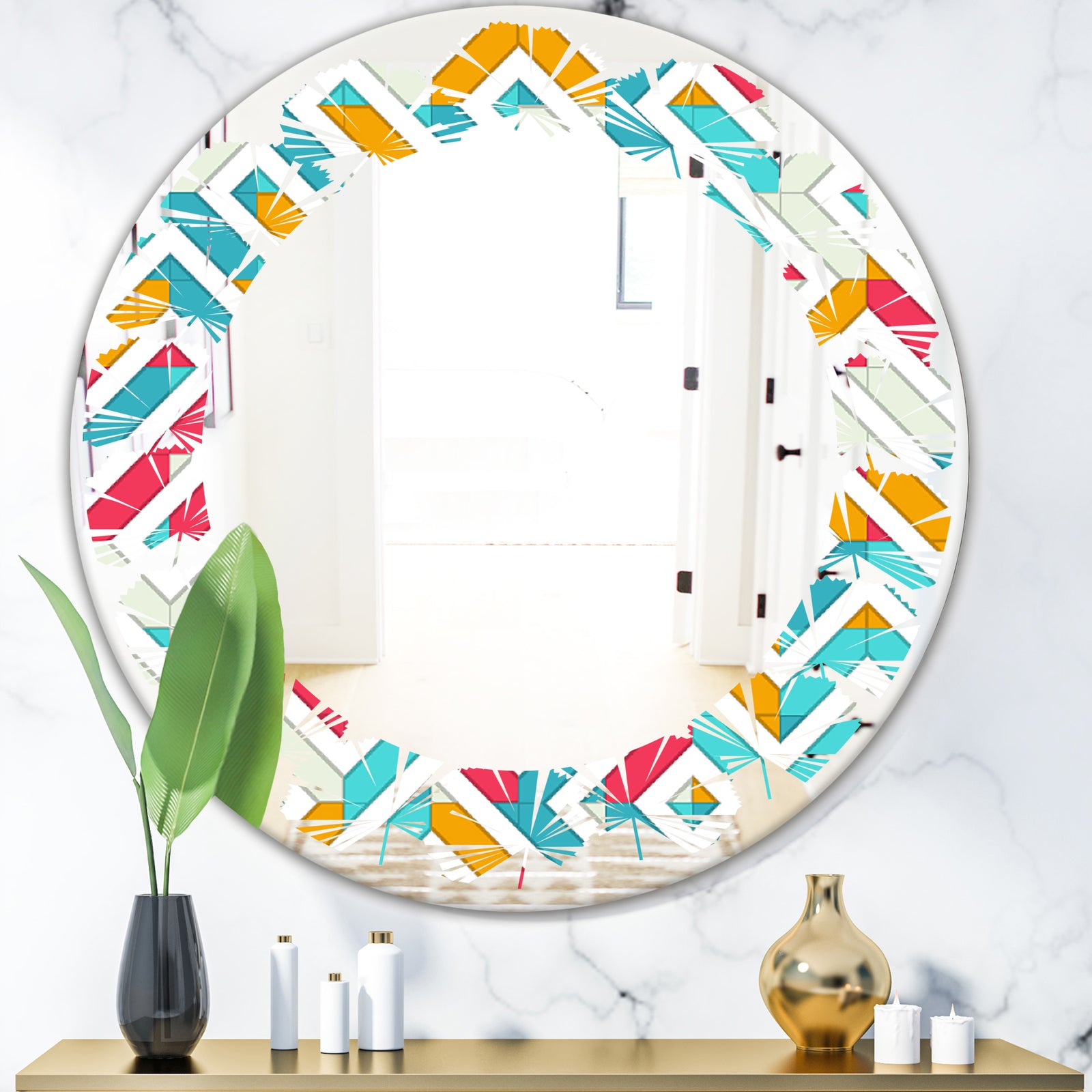 Abstract Retro Geometry I - Modern Round or Oval Wall Mirror - Leaves
