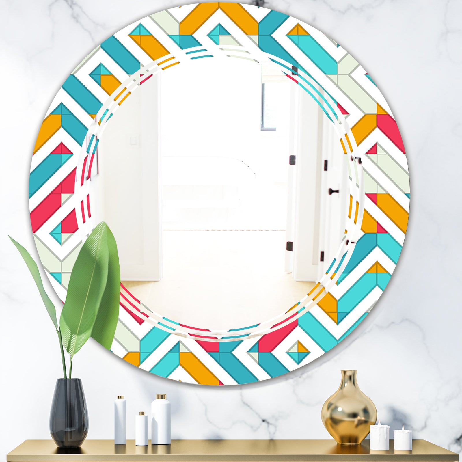 Abstract Retro Geometry I - Modern Round or Oval Wall Mirror - Triple C