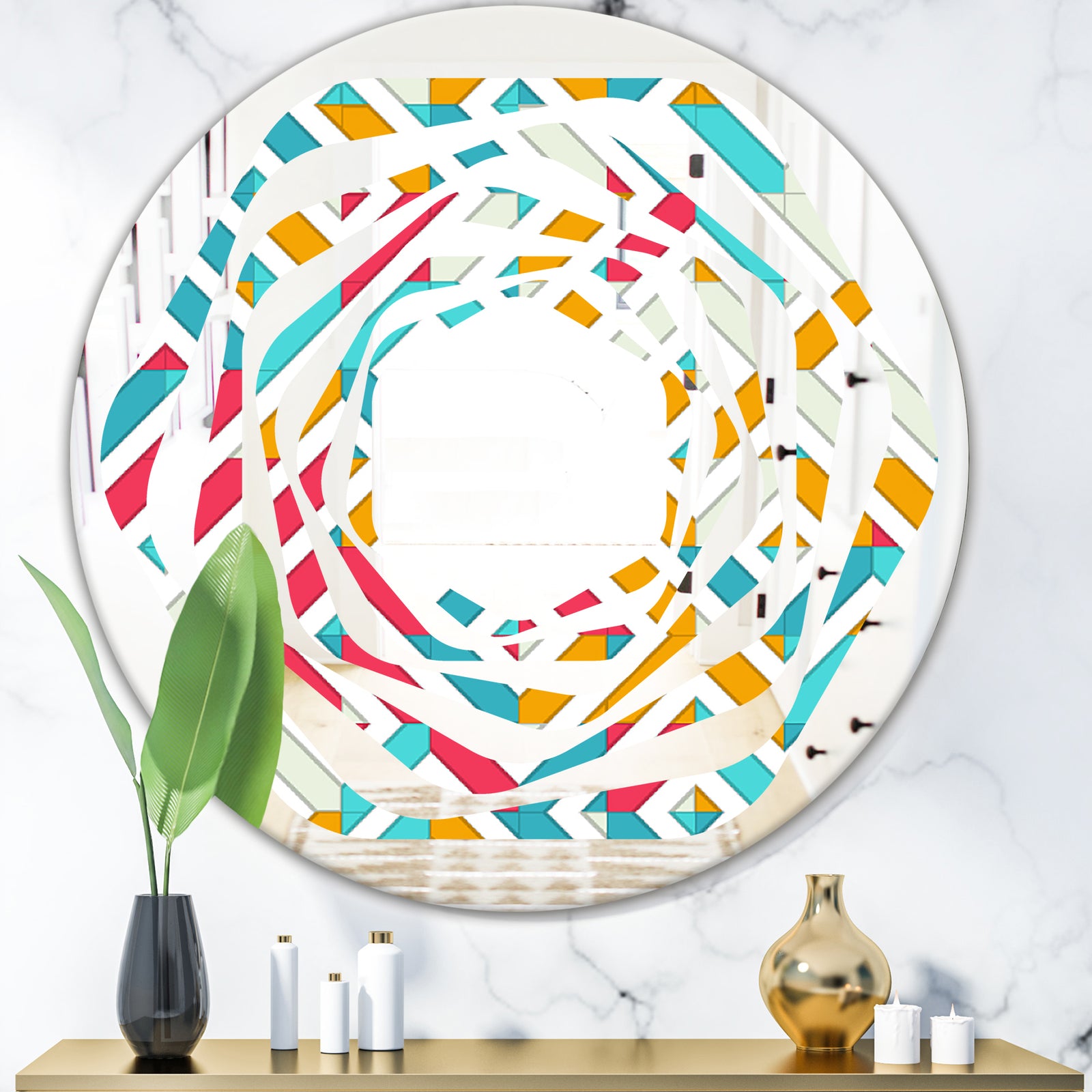 Abstract Retro Geometry I - Modern Round or Oval Wall Mirror - Whirl