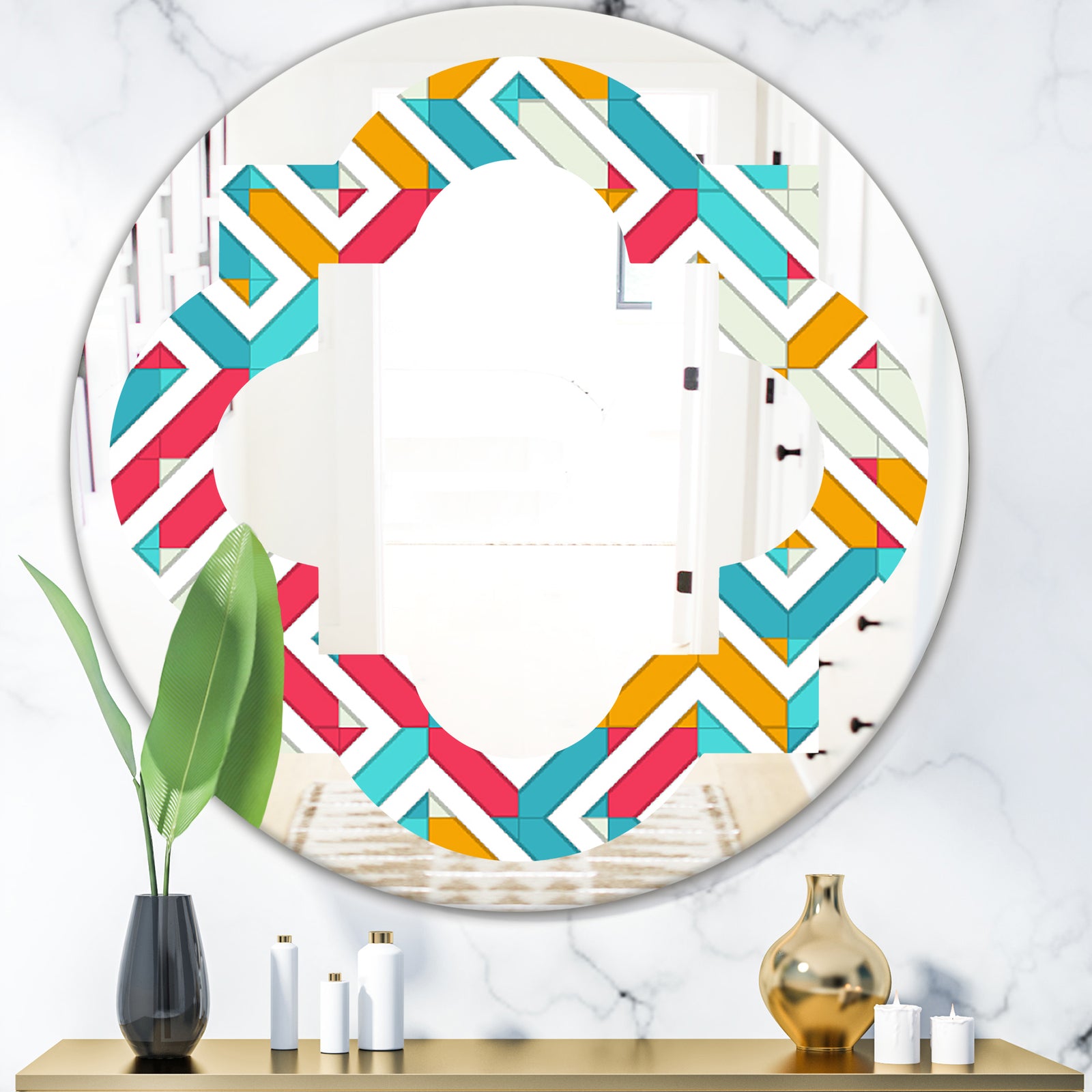 Abstract Retro Geometry I - Modern Round or Oval Wall Mirror - Quatrefoil