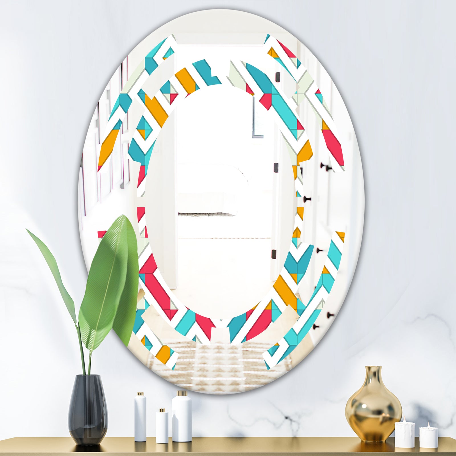 Abstract Retro Geometry I - Modern Round or Oval Wall Mirror - Space
