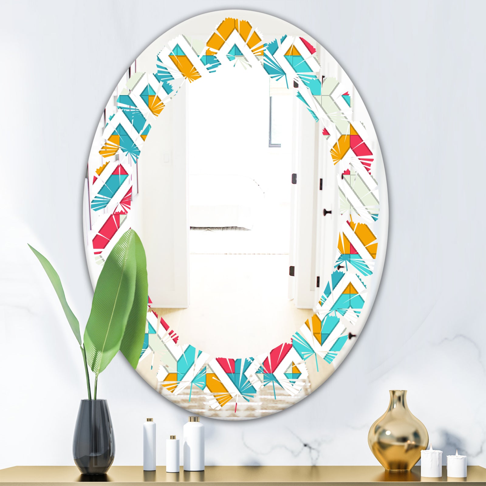 Abstract Retro Geometry I - Modern Round or Oval Wall Mirror - Leaves