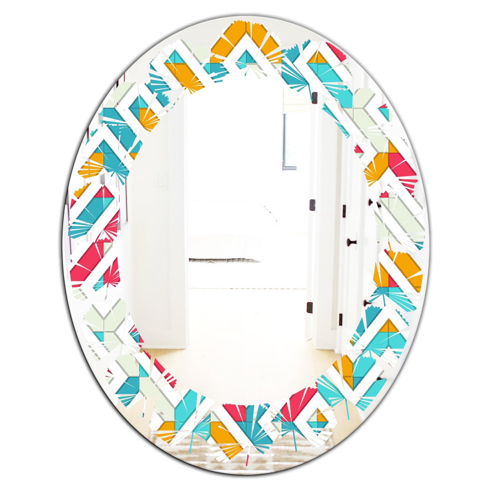 Abstract Retro Geometry I - Modern Round or Oval Wall Mirror - Leaves