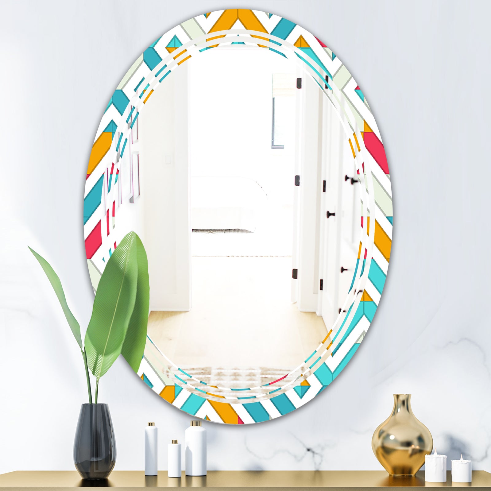 Abstract Retro Geometry I - Modern Round or Oval Wall Mirror - Triple C