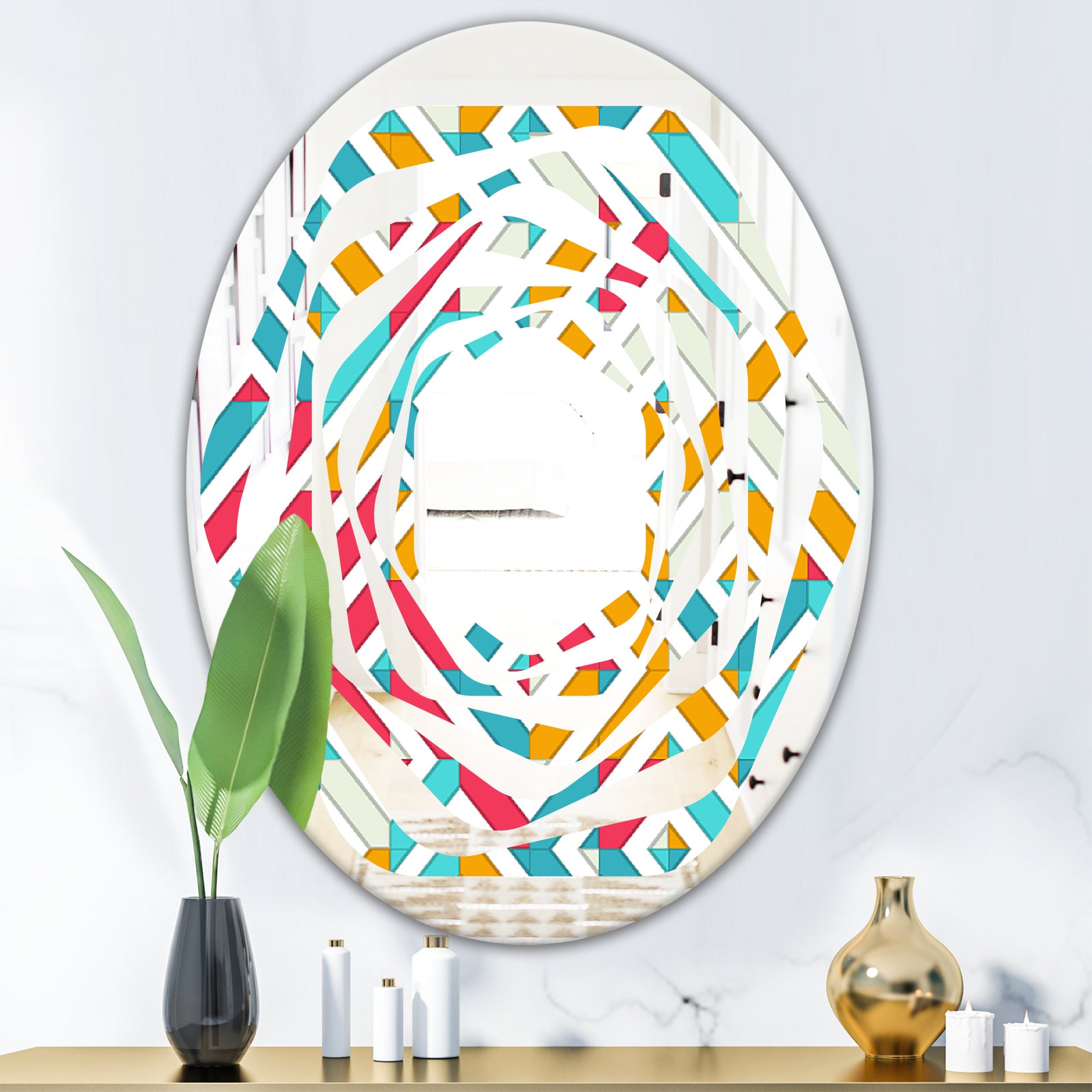 Abstract Retro Geometry I - Modern Round or Oval Wall Mirror - Whirl