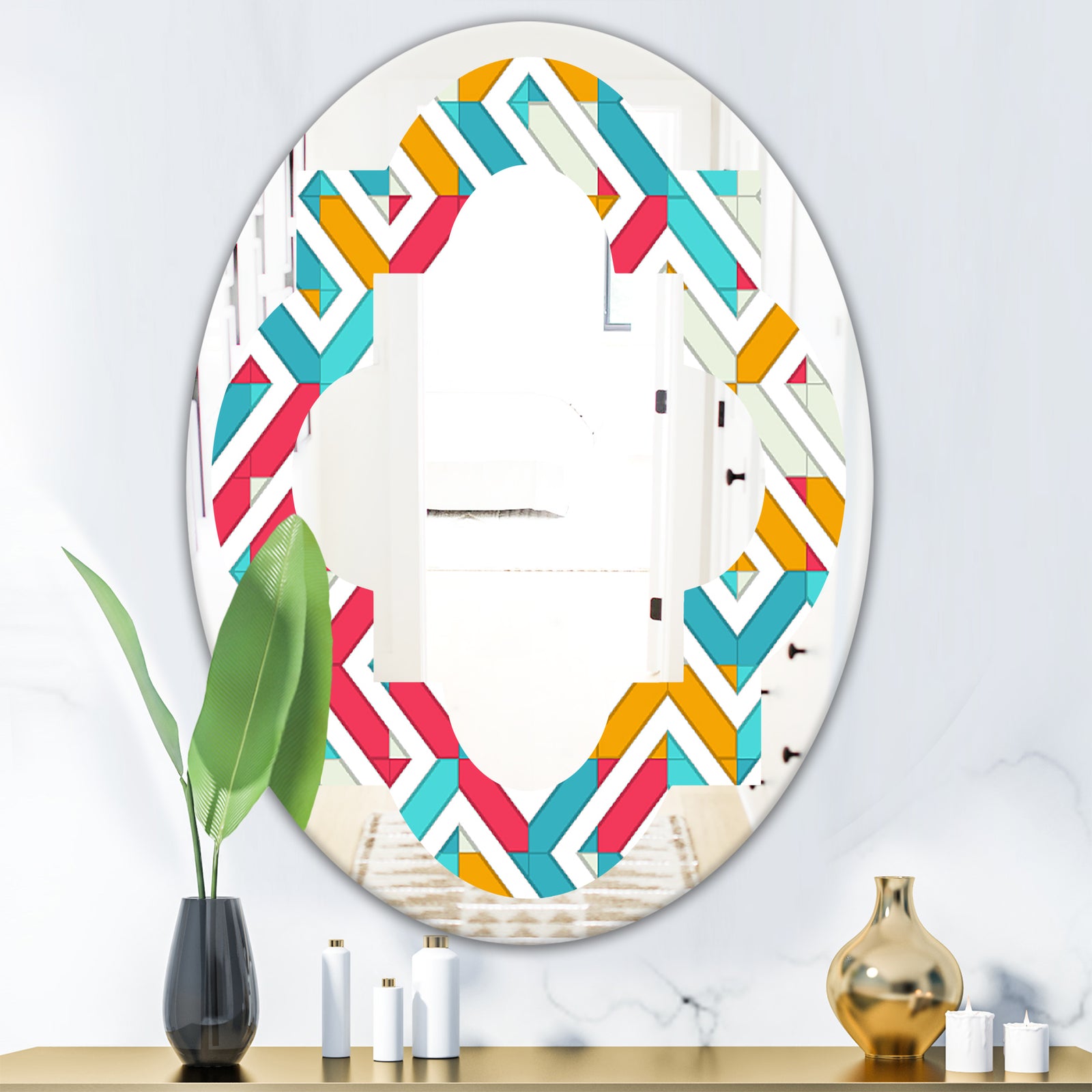 Abstract Retro Geometry I - Modern Round or Oval Wall Mirror - Quatrefoil